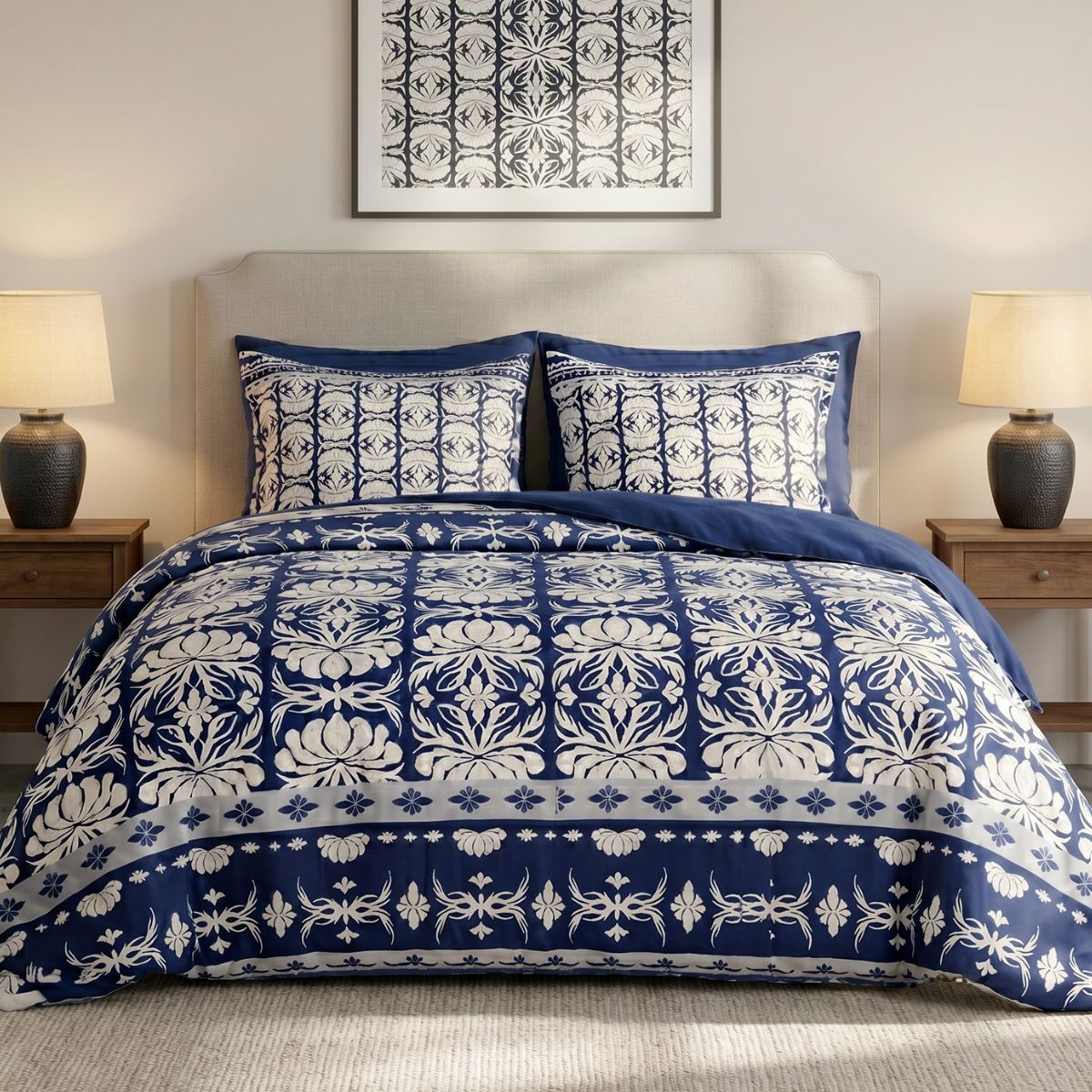 Parure Housse De Couette 260x240cm + 2 Taies Motif Fleurs Bleu Et Blanc 100% Coton - Lizio