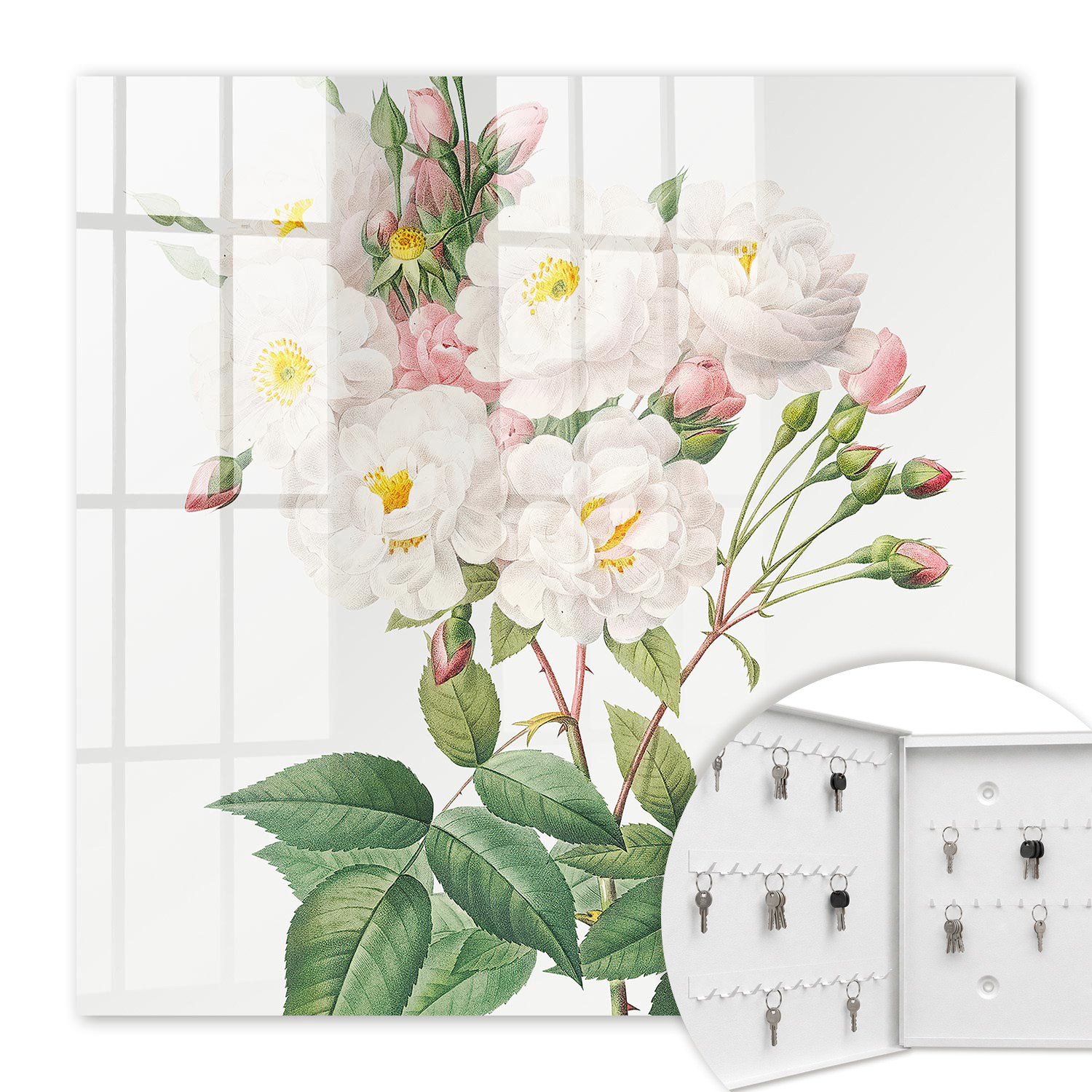 Armoire À Clés - (30 Cm X 30 Cm) - Boîte À Clés Murale - Coffret De Rangement Pour Clés - Couleur Blanche - Ouverture Vers La Gauche - Pour Maison Et Bureau - Charme Floral
