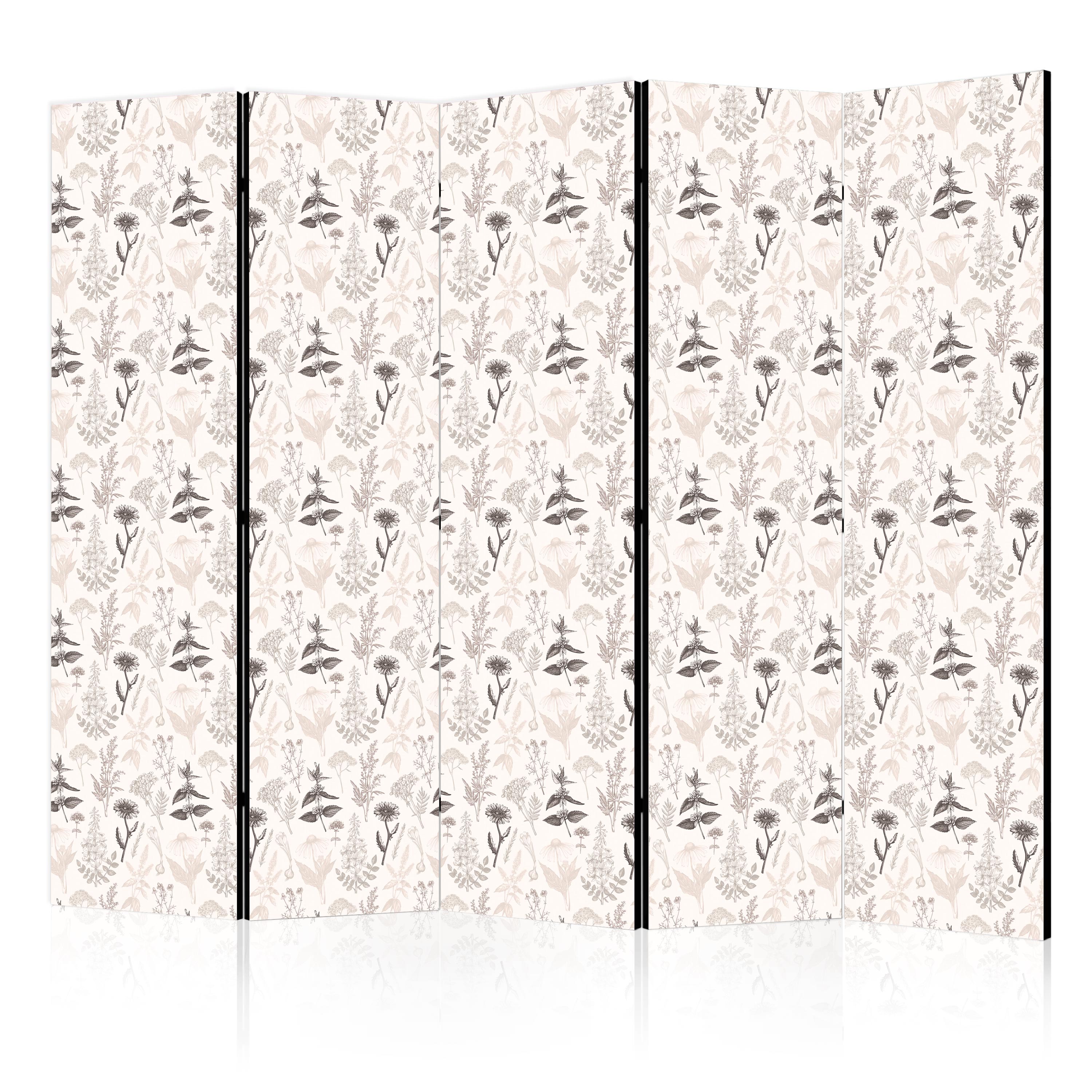 Paravent - Dessin De Fleurs Et Herbes - Gris Beige 225x172