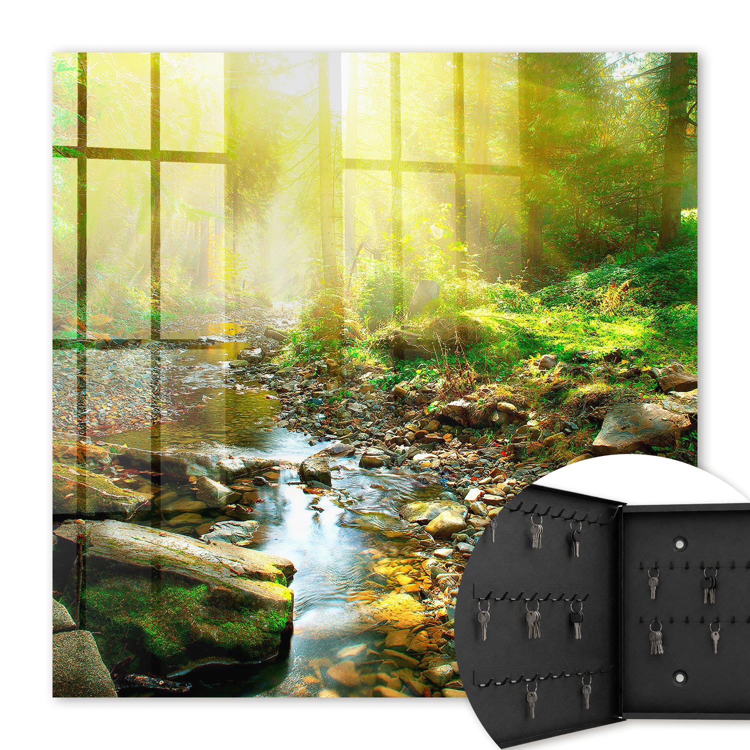 Armoire À Clés - (30 Cm X 30 Cm) - Boîte À Clés Murale - Coffret De Rangement Pour Clés - Couleur Noire - Ouverture Vers La Gauche - Pour Maison Et Bureau - Ruisseau Forestier