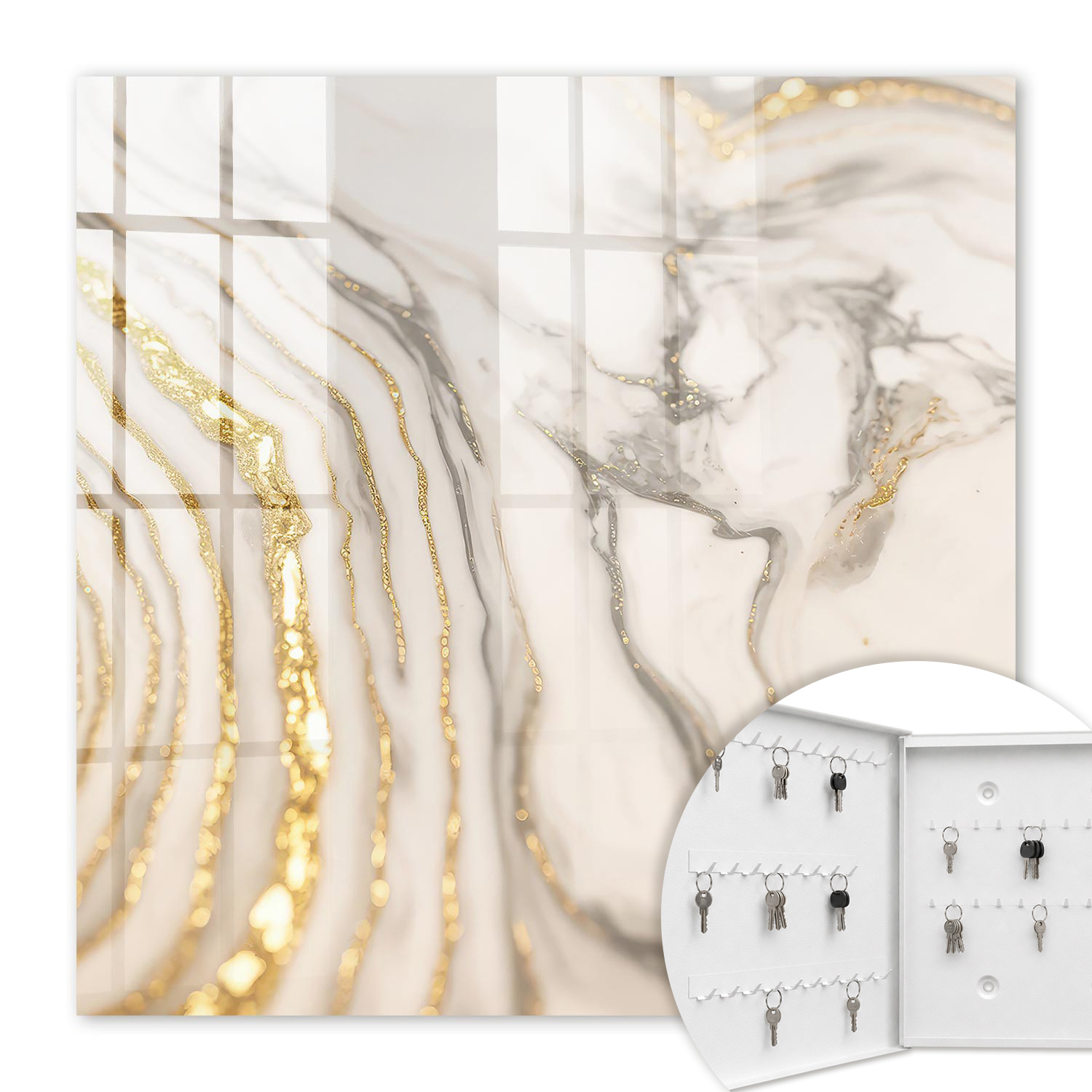 Armoire À Clés - (30 Cm X 30 Cm) - Boîte À Clés Murale - Coffret De Rangement Pour Clés - Couleur Blanche - Ouverture Vers La Gauche - Pour Maison Et Bureau - Veines De Marbre