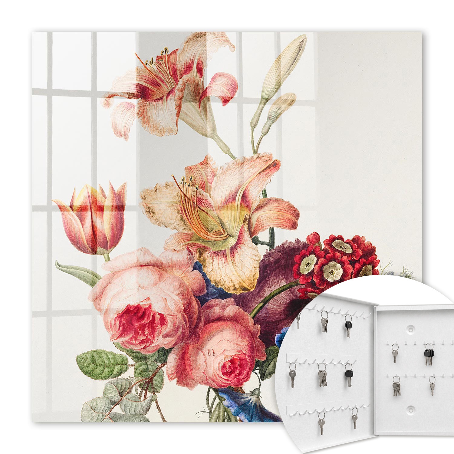 Armoire À Clés - (30 Cm X 30 Cm) - Boîte À Clés Murale - Coffret De Rangement Pour Clés - Couleur Blanche - Ouverture Vers La Gauche - Pour Maison Et Bureau - Fleurs Colorées