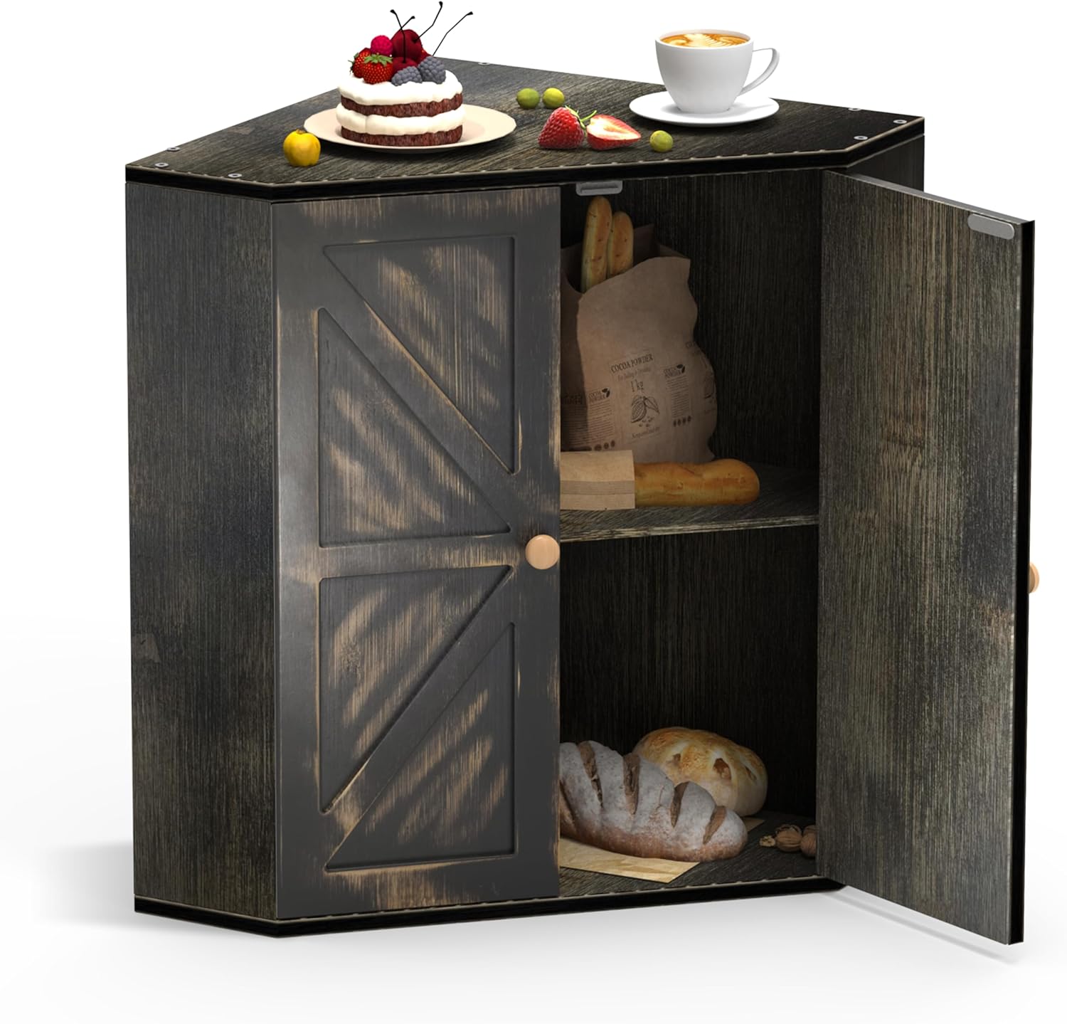 Boîte À Pain D'angle En Bambou - 2 Étages 43 X 28,2 X 42 Cm - Noir Vieilli