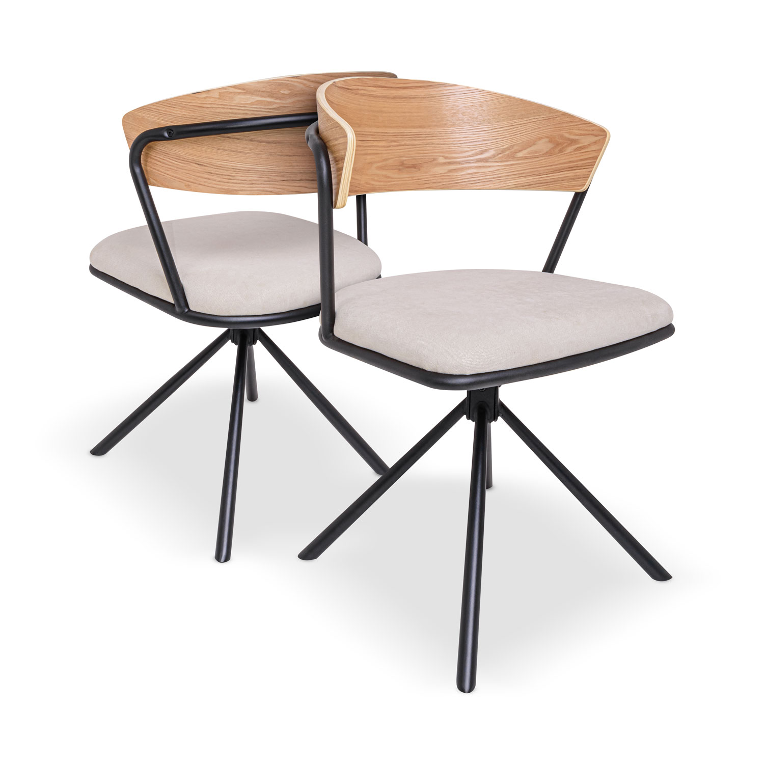 Seul - Lot De 2 Chaises Design En Métal, Dossier En Bois Massif Et Siège En Tissu, Pivotant À 360°