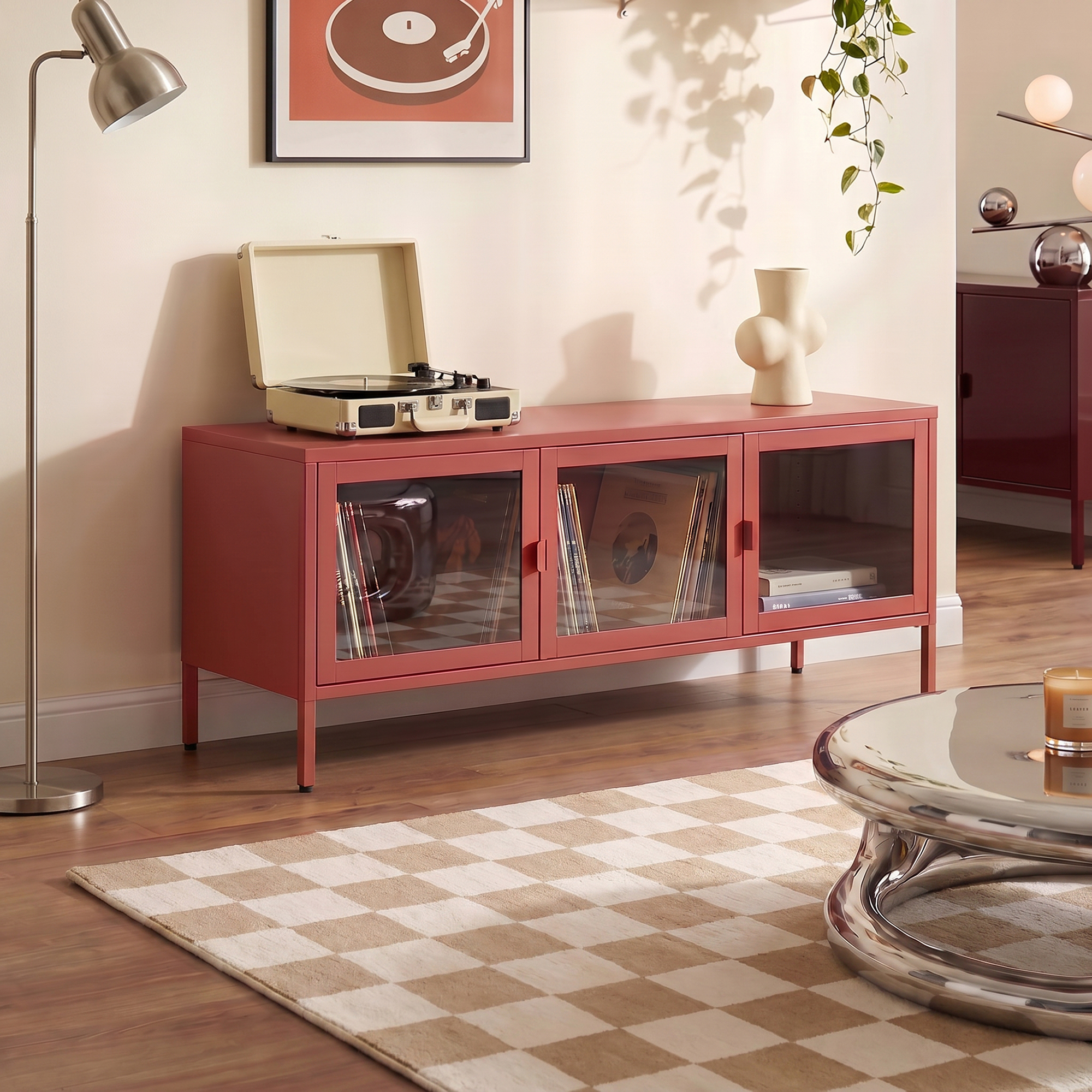 Sicaan Meuble Tv Industriel En Métal 130 Cm 3 Portes, Terracotta Et Verre Trempé Ezra