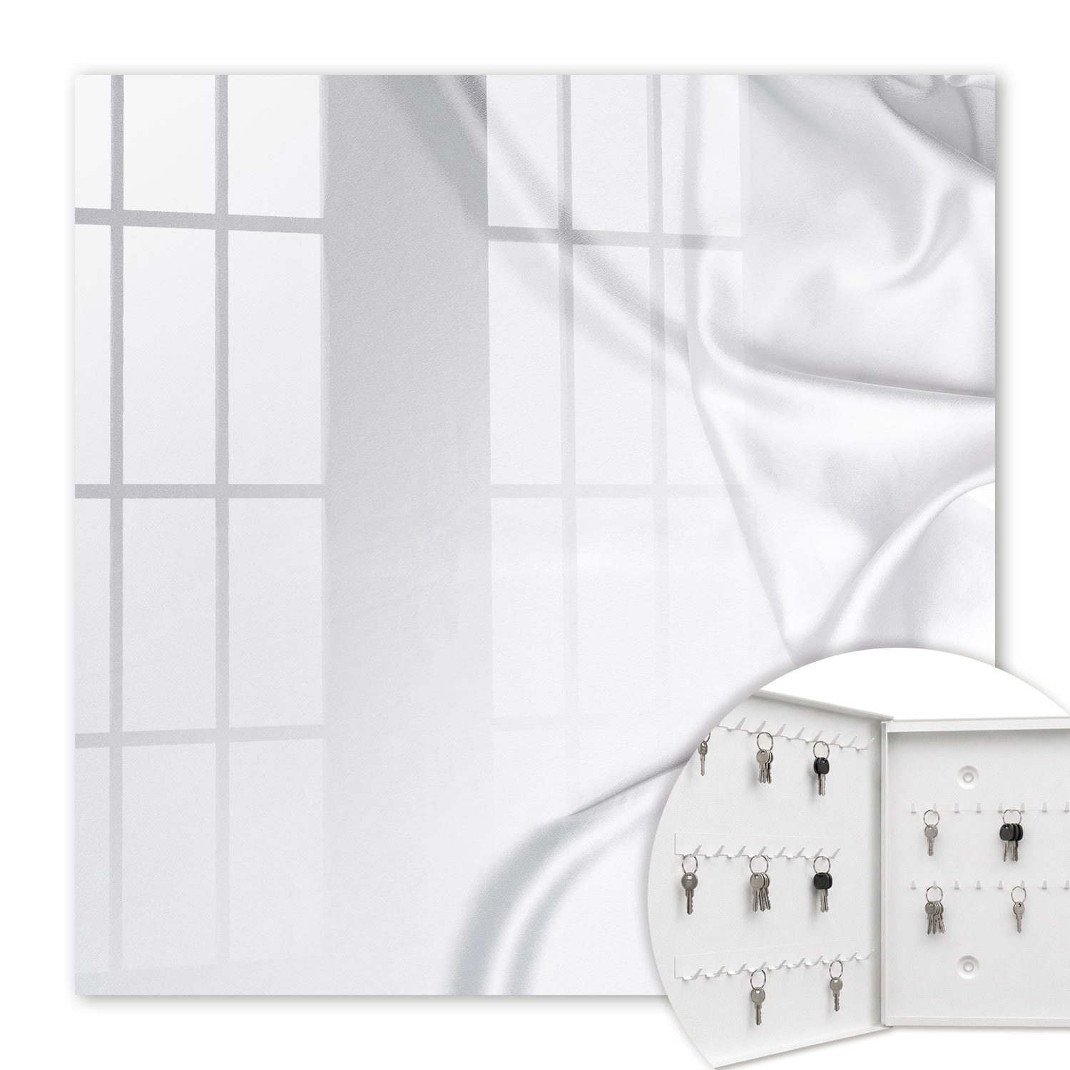 Armoire À Clés - (30 Cm X 30 Cm) - Boîte À Clés Murale - Coffret De Rangement Pour Clés - Couleur Blanche - Ouverture Vers La Gauche - Pour Maison Et Bureau - Linge De Lit En Satin