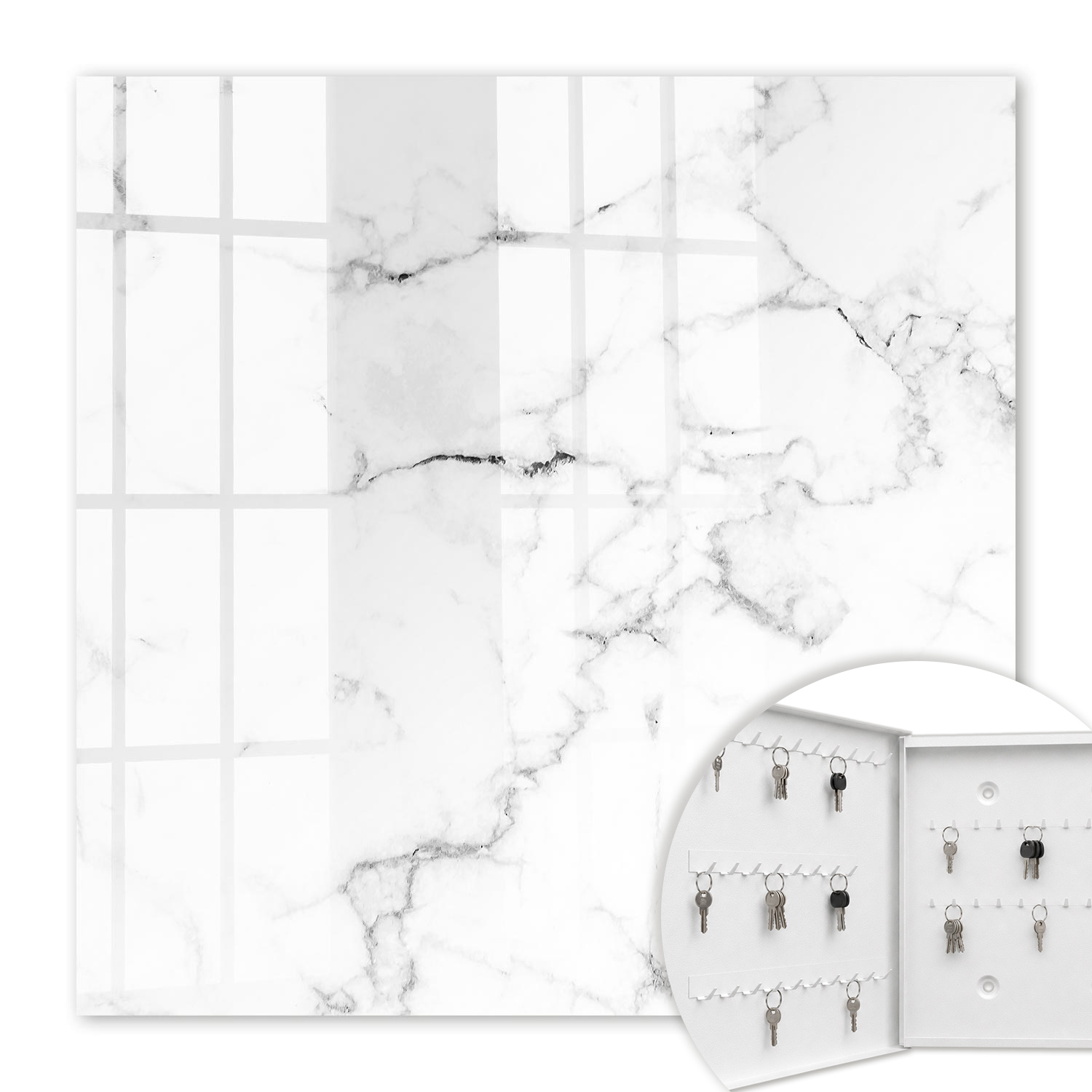Armoire À Clés - (30 Cm X 30 Cm) - Boîte À Clés Murale - Coffret De Rangement Pour Clés - Couleur Blanche - Ouverture Vers La Gauche - Pour Maison Et Bureau - Motif Marbre