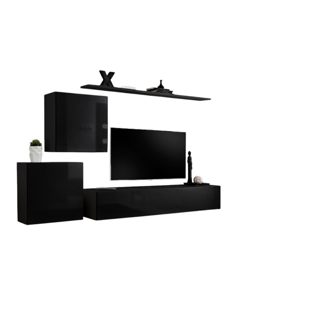 Composition Murale Switch V - Noir Brillant - Meuble Tv, Blocs Suspendus Et Étagères