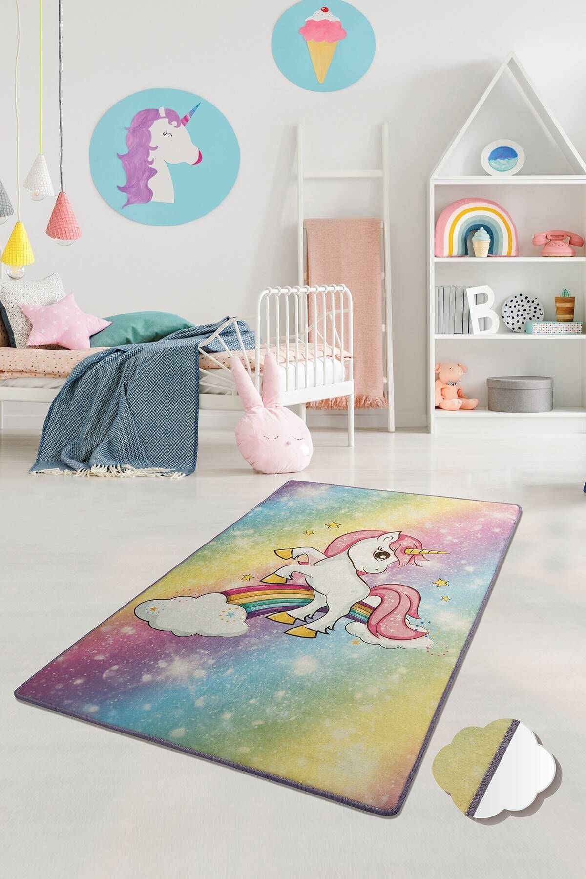 Tapis Nuan 140x190cm Velours Motif Unicorne Animé Multicolore