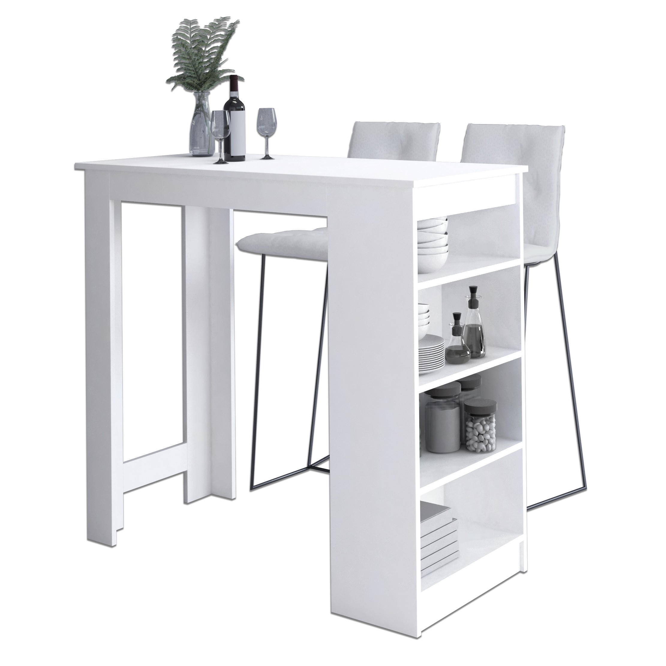 Table De Bar Pour Le Tabouret Akord Blanche 115 Cm Façade Blanche 4 Étagères 115x50x103 Cm
