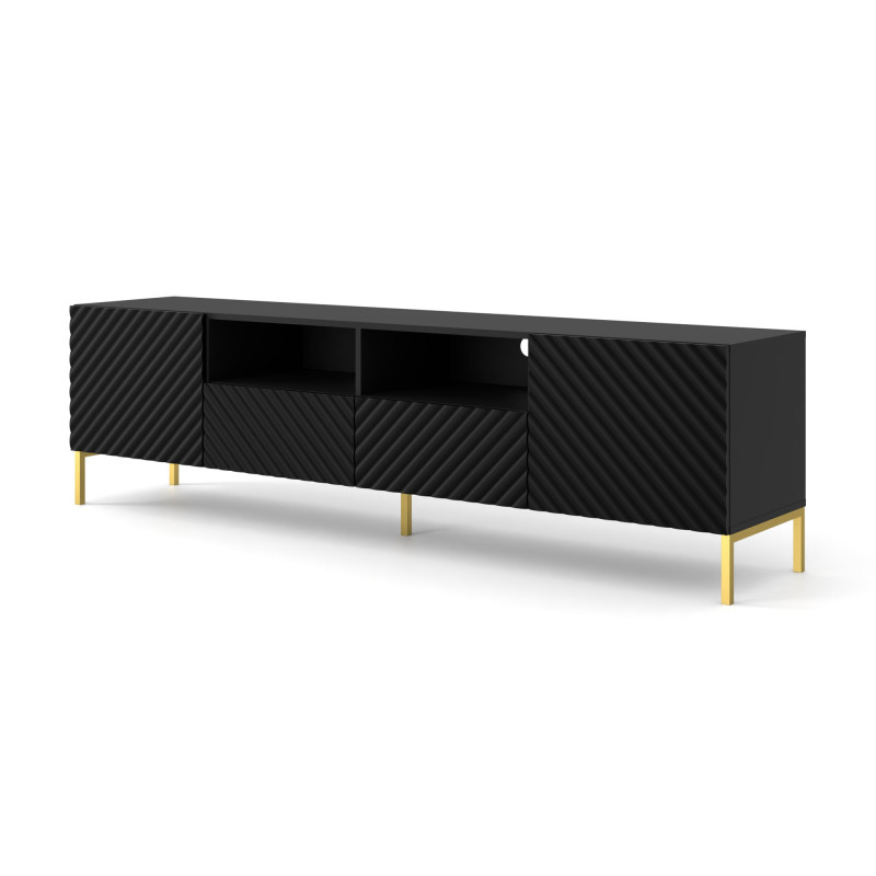 Meuble Tv À 2 Portes + 2 Tiroirs Avec Cadre Doré "surf" - Noir Mat - L 200 Cm
