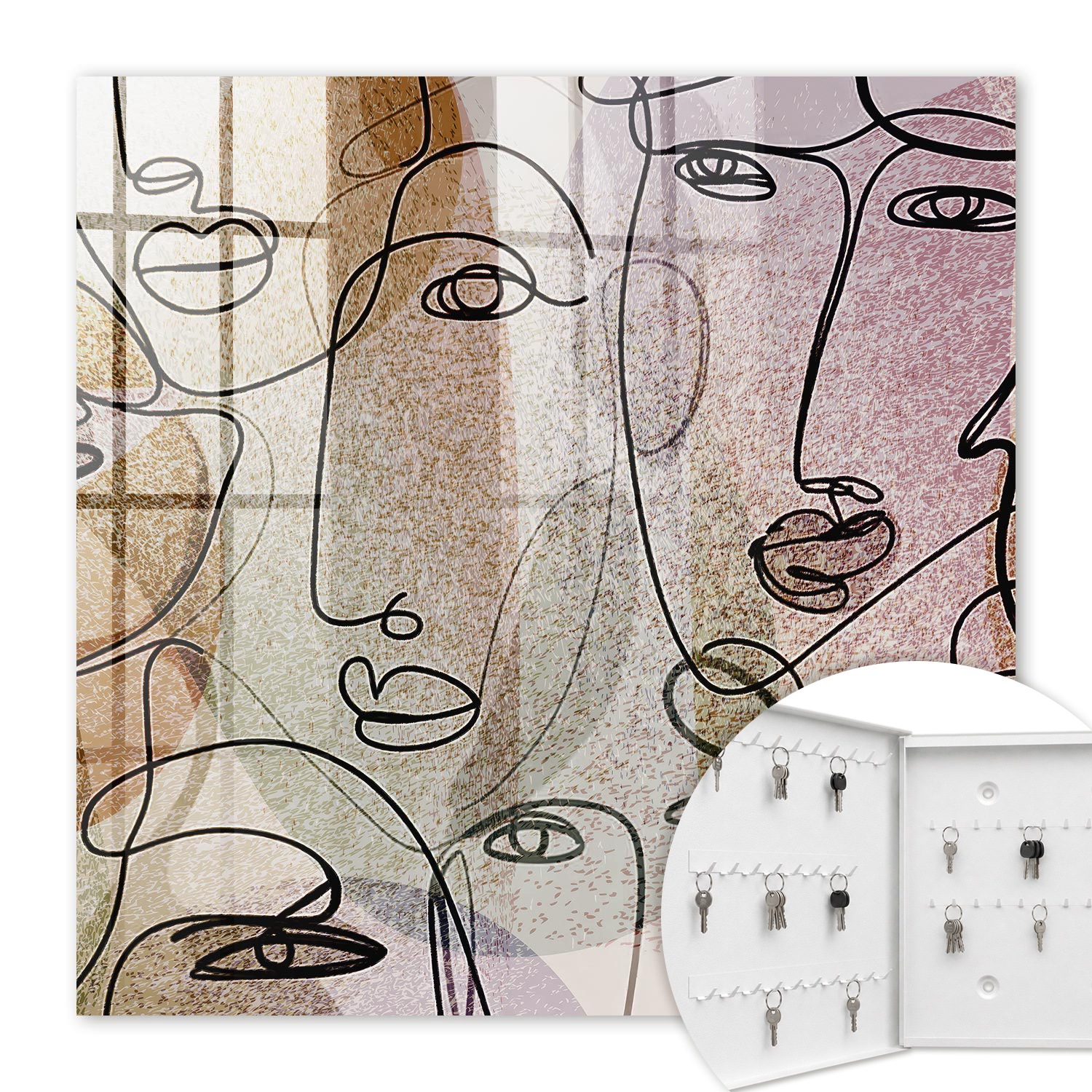 Armoire À Clés - (30 Cm X 30 Cm) - Boîte À Clés Murale - Coffret De Rangement Pour Clés - Couleur Blanche - Ouverture Vers La Gauche - Pour Maison Et Bureau - Dessin Au Trait