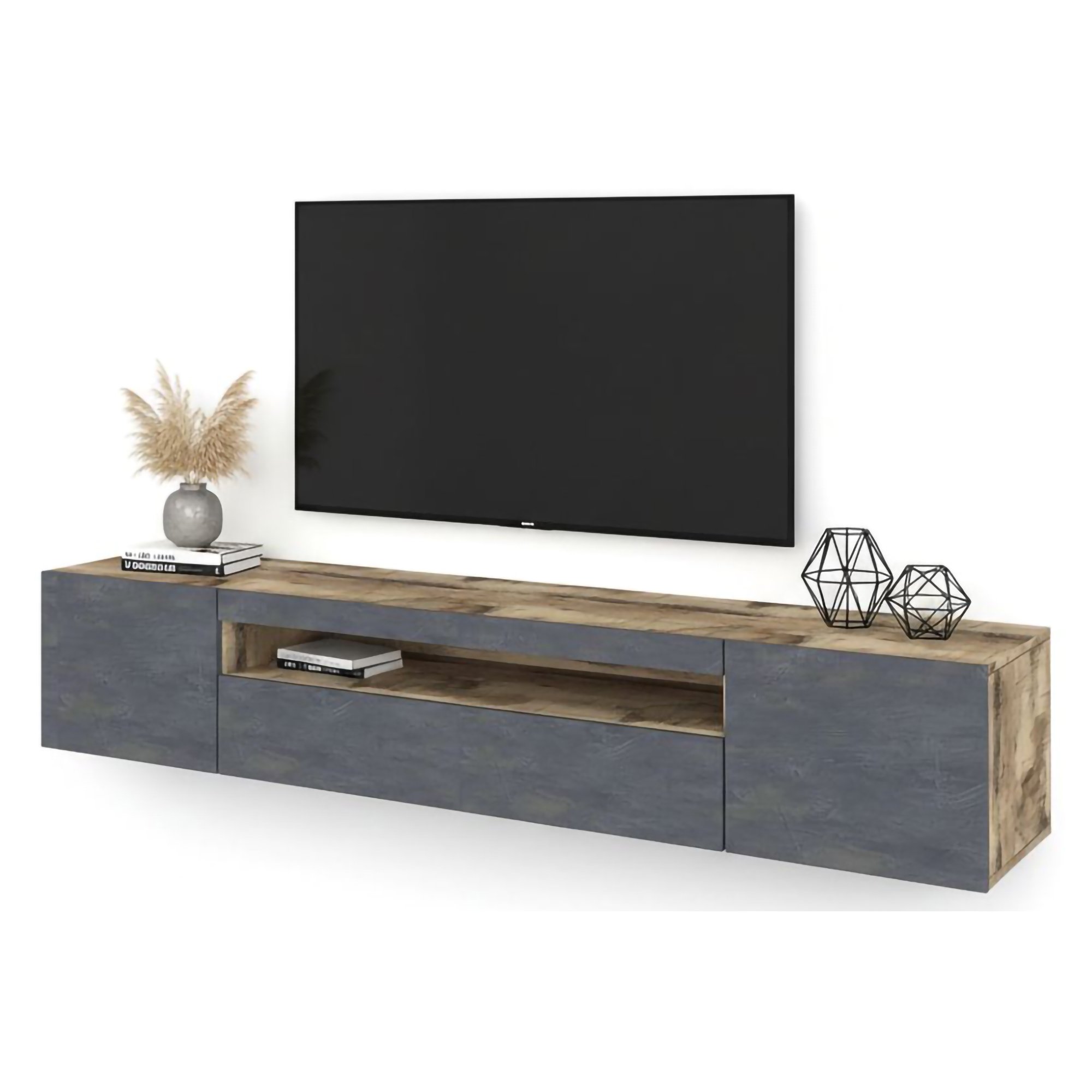 Meuble Tv Avec Led Effet Bois Beige, Ardoise 200x40 Cm