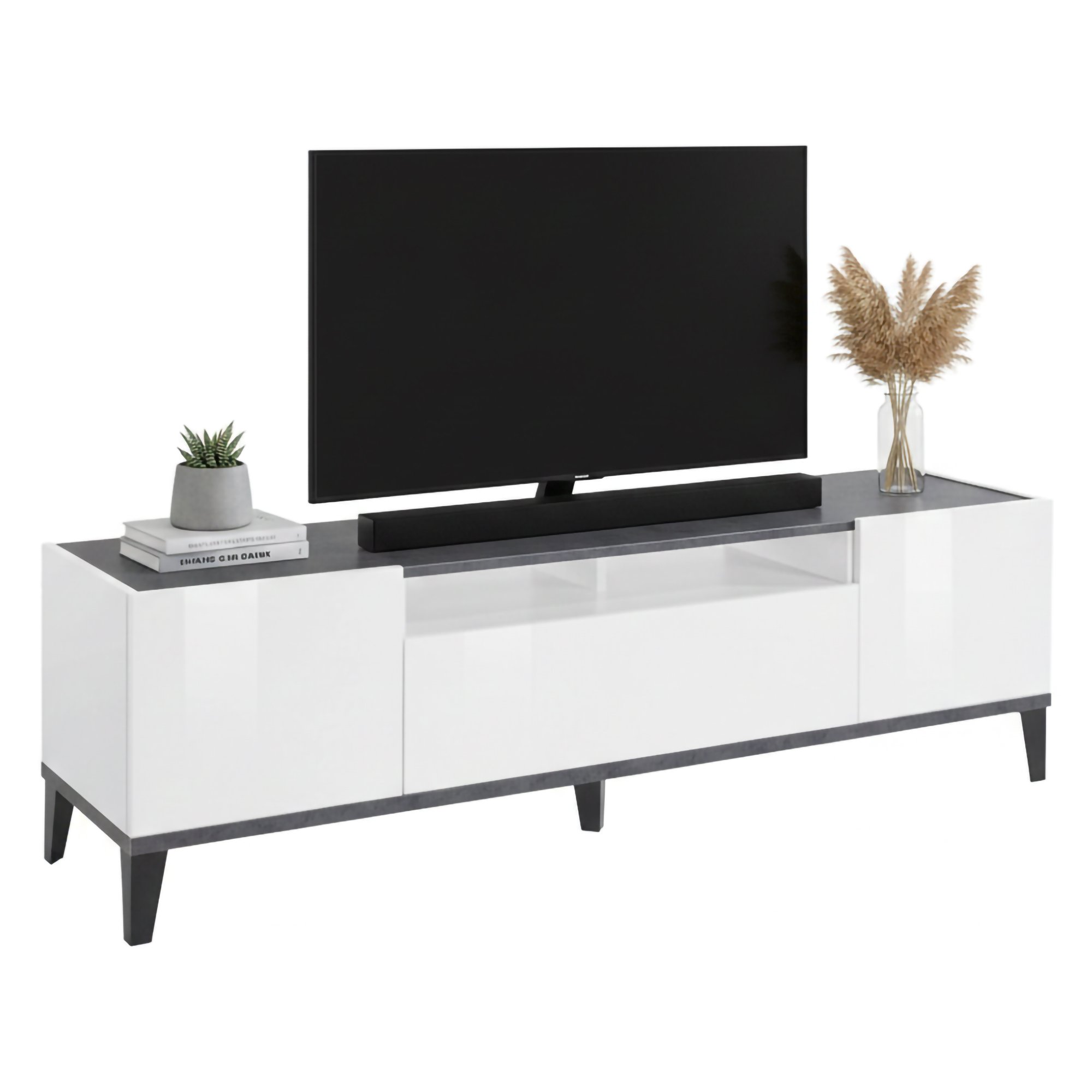 Meuble Tv Dfigol, 160x40h47 Cm, Blanc Brillant Et Ardoise