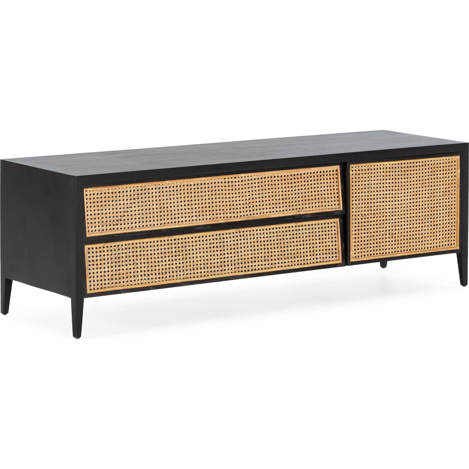 Support Audiovisuel Tendance En Rotin Noir - Noir Charbon Et Touche Naturelle En Rotin