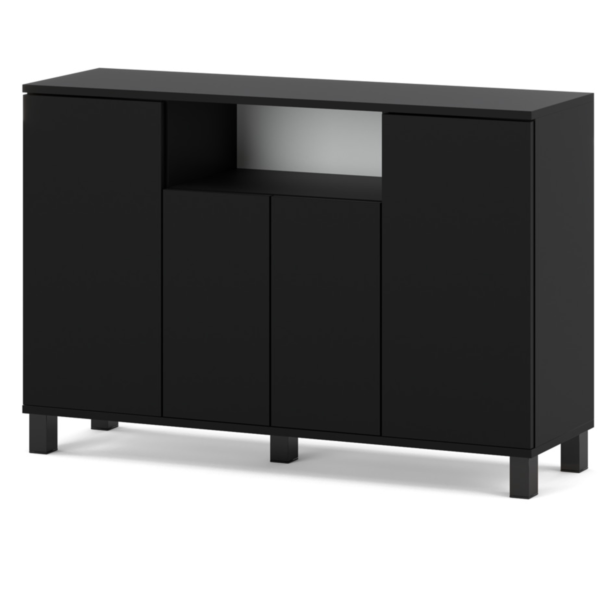 Commode Noire 120 Cm 4 Portes - Meuble Tv Moderne Pour Salon Et Chambre - Buffet De Rangement Design