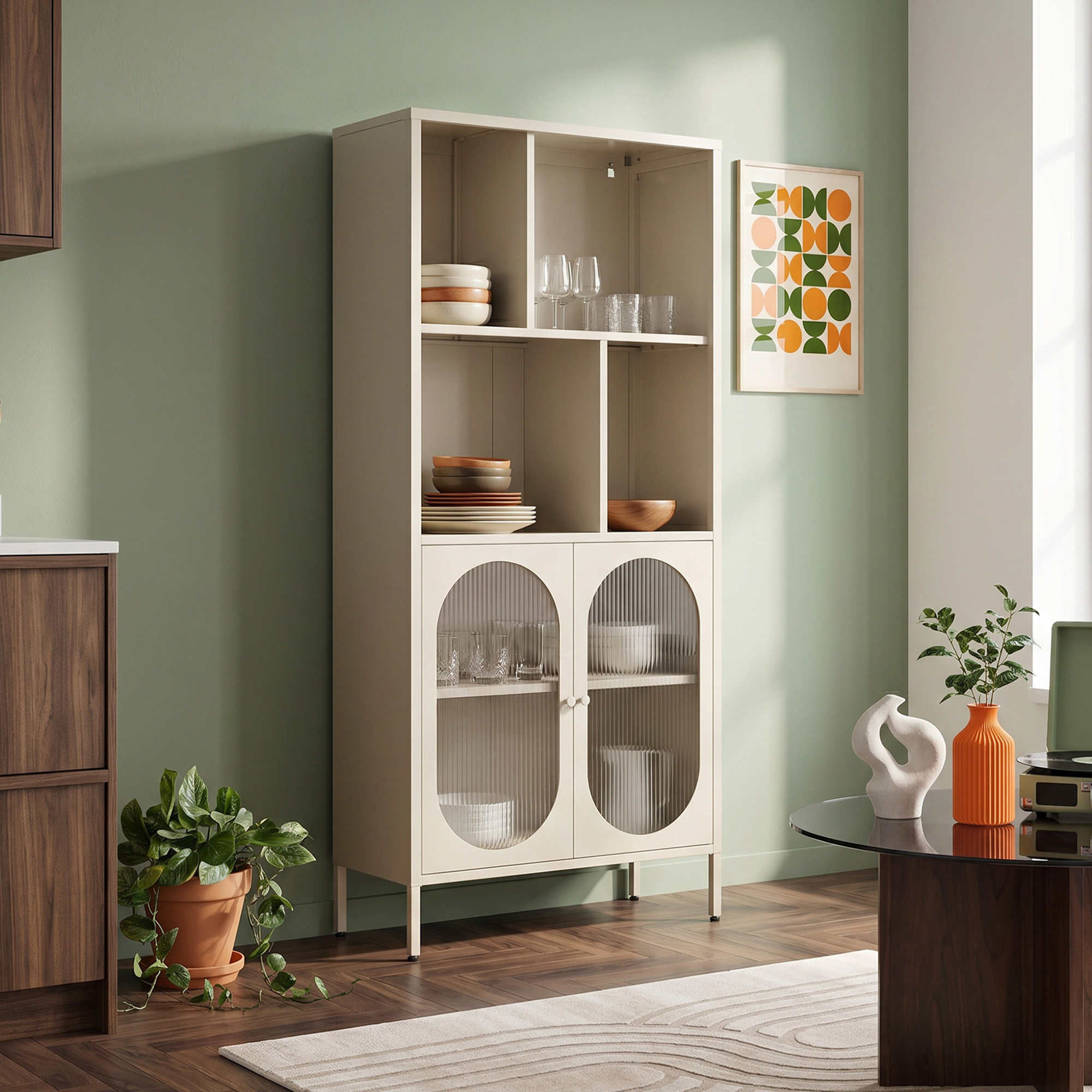 Sicaan Bibliothèque Industriel En Métal H180 Cm 2 Portes 4 Niches Beige Et Verre Cannelé Milie