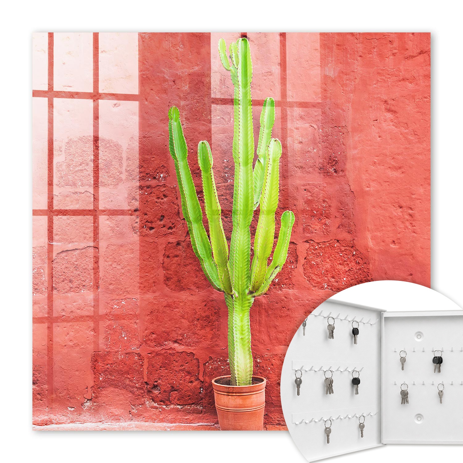 Armoire À Clés - (30 Cm X 30 Cm) - Boîte À Clés Murale - Coffret De Rangement Pour Clés - Couleur Blanche - Ouverture Vers La Gauche - Pour Maison Et Bureau - Cactus Vert
