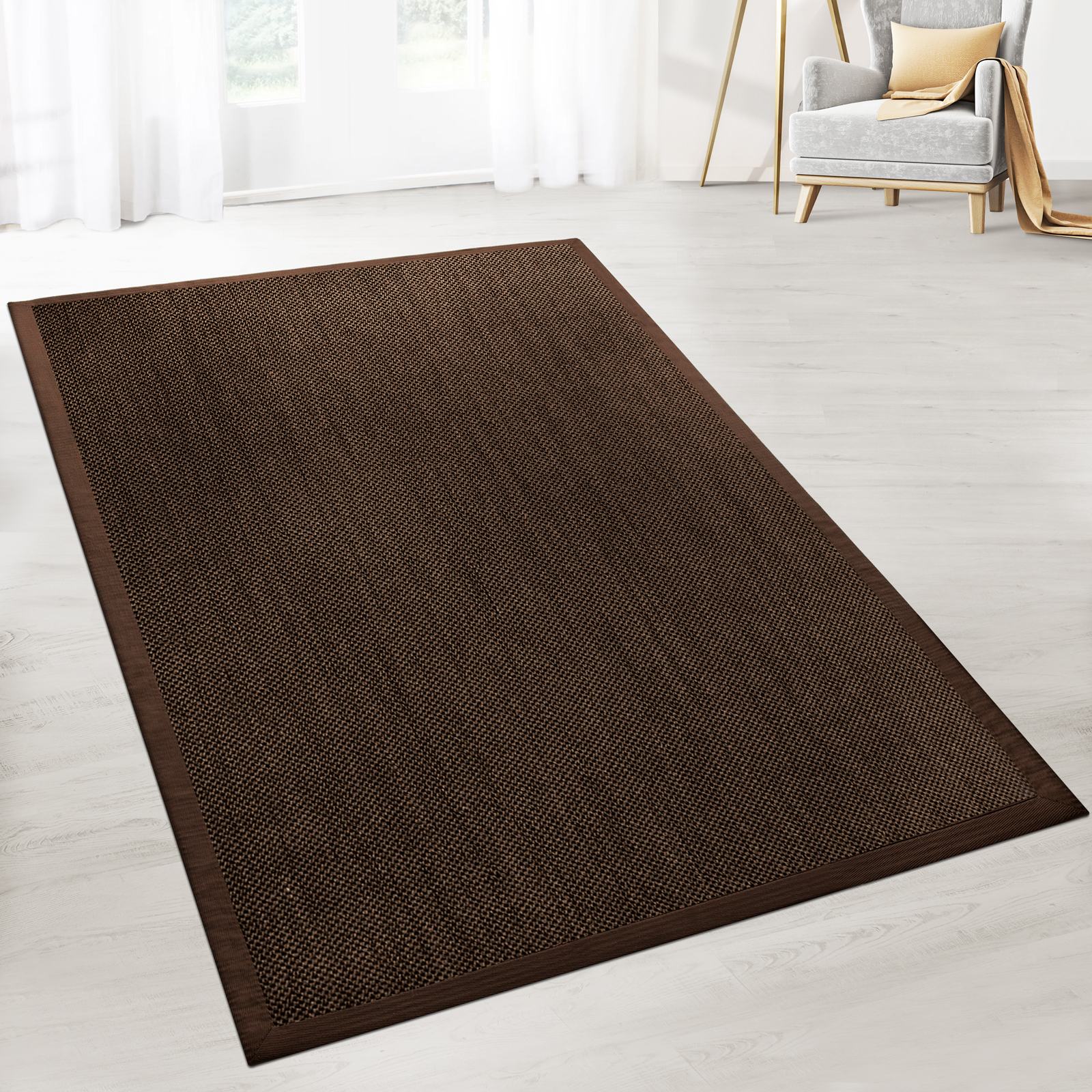 Tapis Sisal Oeil Du Tigre Avec Bordure Marron 160 X 230 Cm