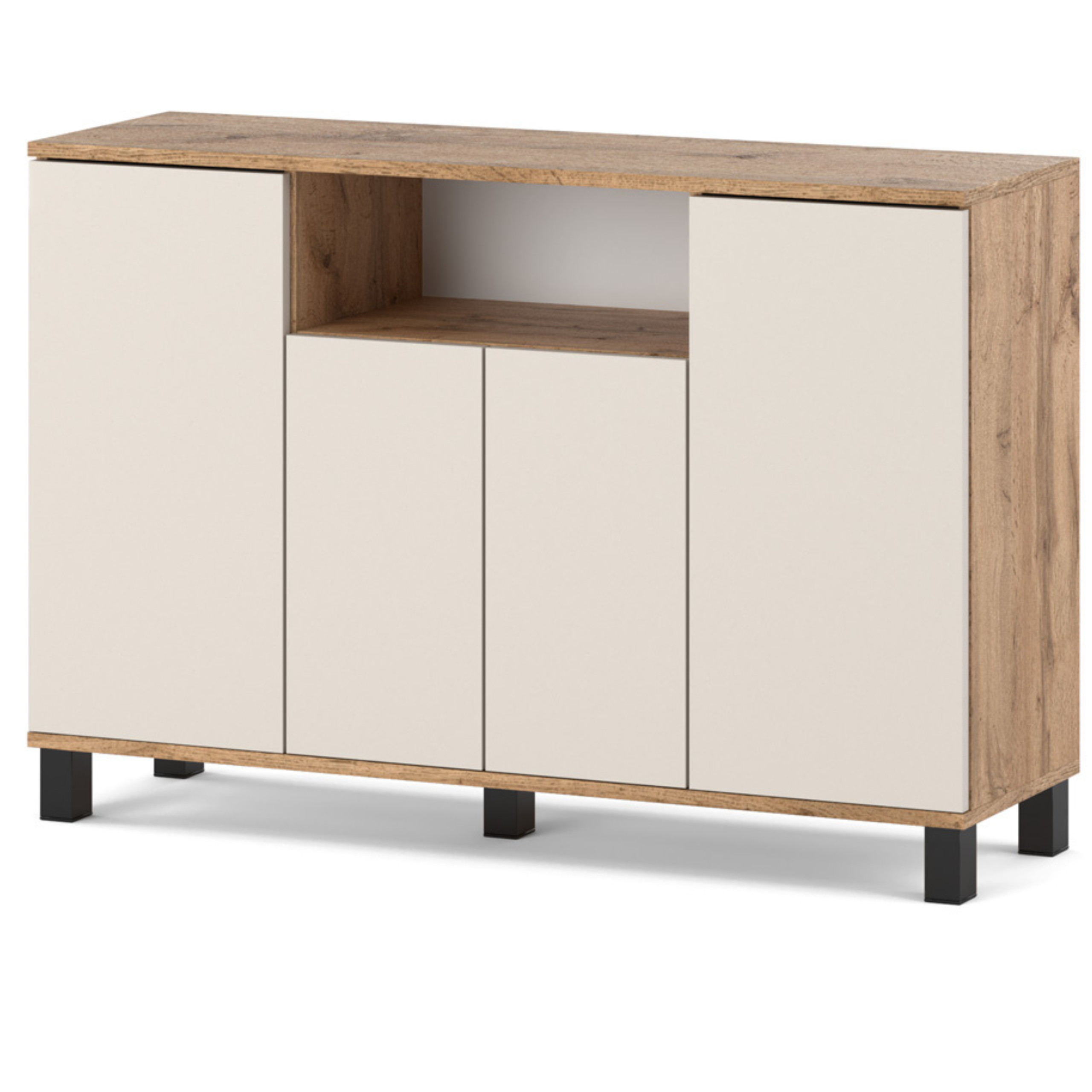 Commode Chêne Wotan + Cachemire 120 Cm 4 Portes - Meuble Tv Moderne Pour Salon Et Chambre - Buffet De Rangement Design