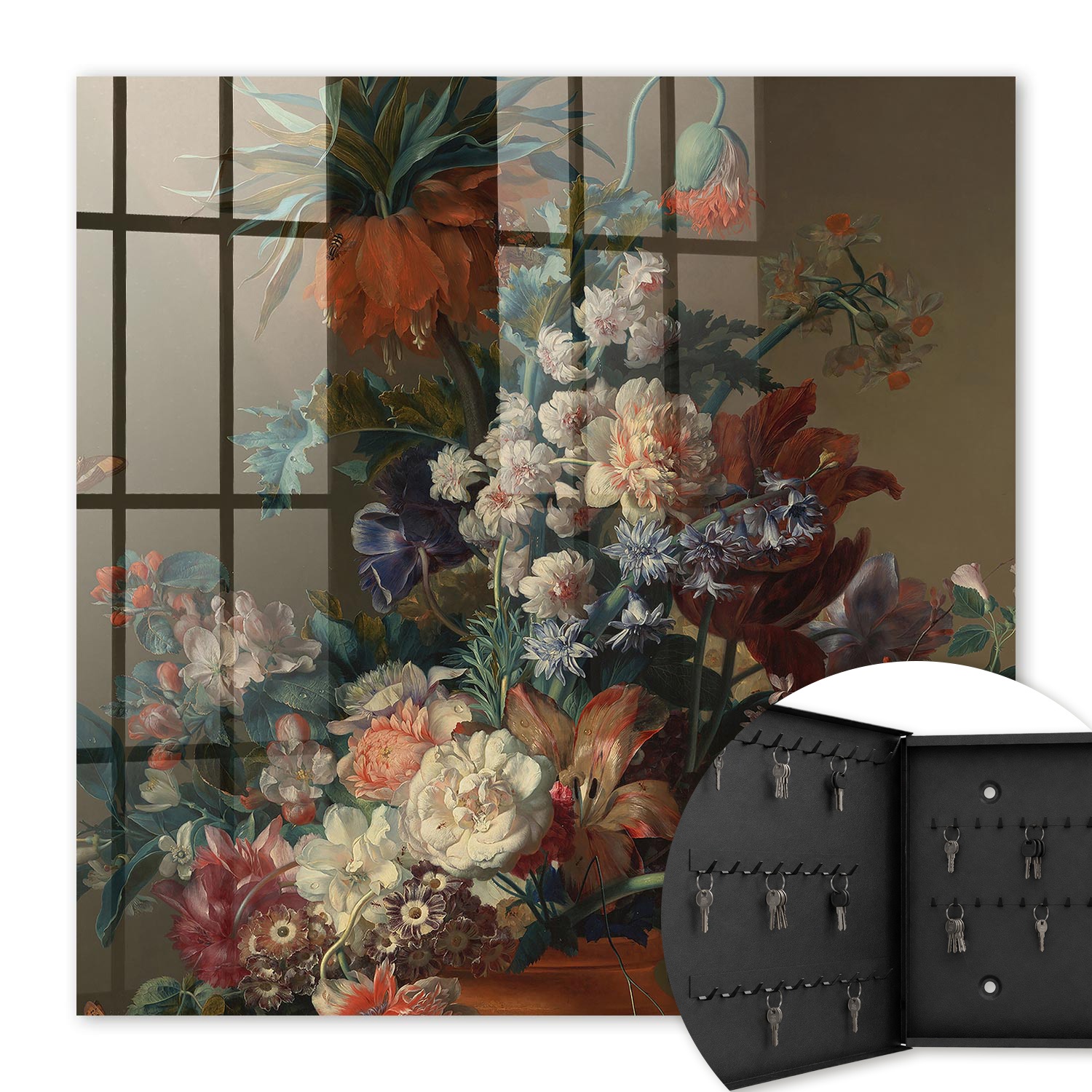 Armoire À Clés - (30 Cm X 30 Cm) - Boîte À Clés Murale - Coffret De Rangement Pour Clés - Couleur Noire - Ouverture Vers La Gauche - Pour Maison Et Bureau - Bouquet De Fleurs