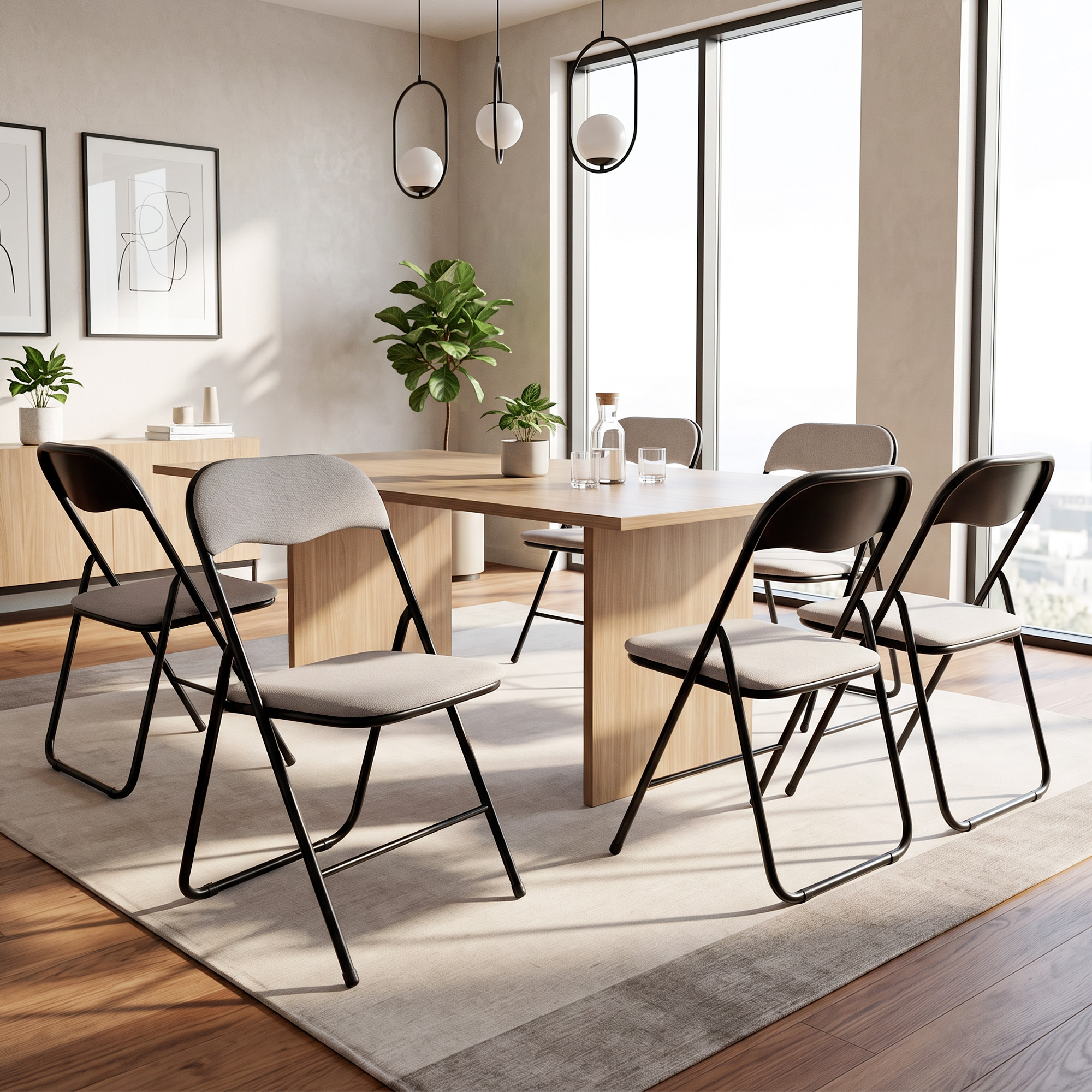 Sicaan Lot De 6 Chaises Pliantes Rembourrées En Tissu Gris Et Pieds Métal Noir - Greta
