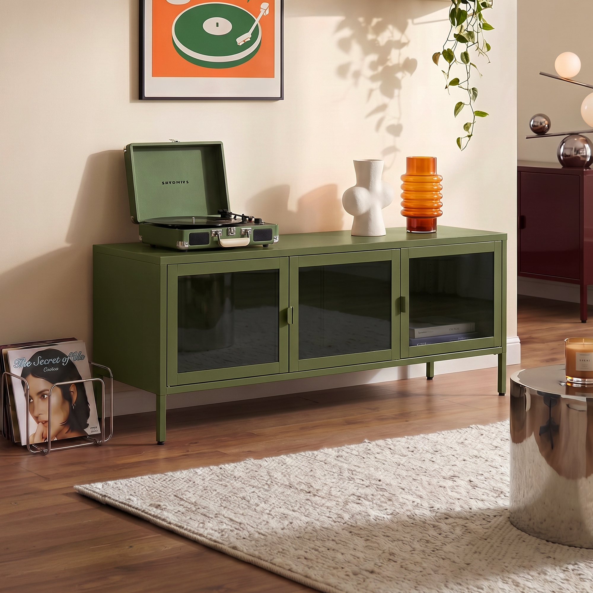 Sicaan Meuble Tv Industriel En Métal 130 Cm 3 Portes, Vert Olive Et Verre Trempé Ezra