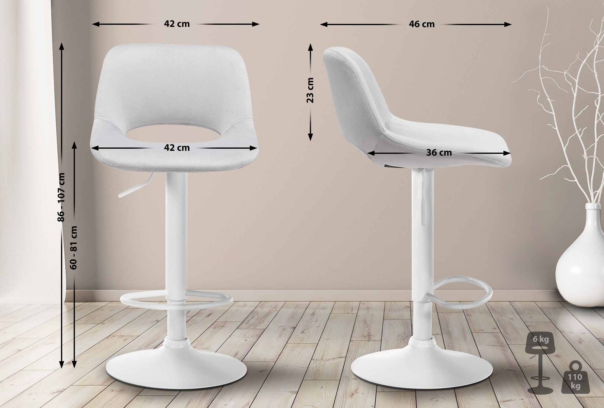 Tabouret De Bar Camden Velours Blanc Gris Clair