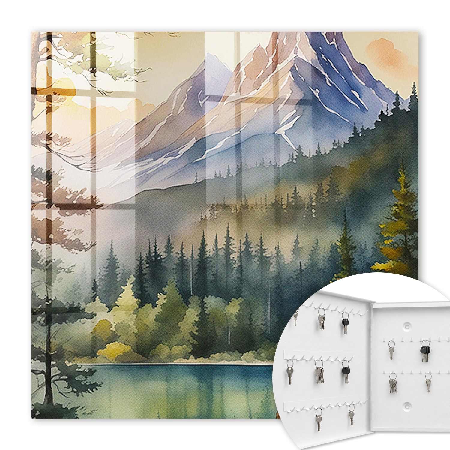 Armoire À Clés - (30 Cm X 30 Cm) - Boîte À Clés Murale - Coffret De Rangement Pour Clés - Couleur Blanche - Ouverture Vers La Gauche - Pour Maison Et Bureau - Paysage De Montagne