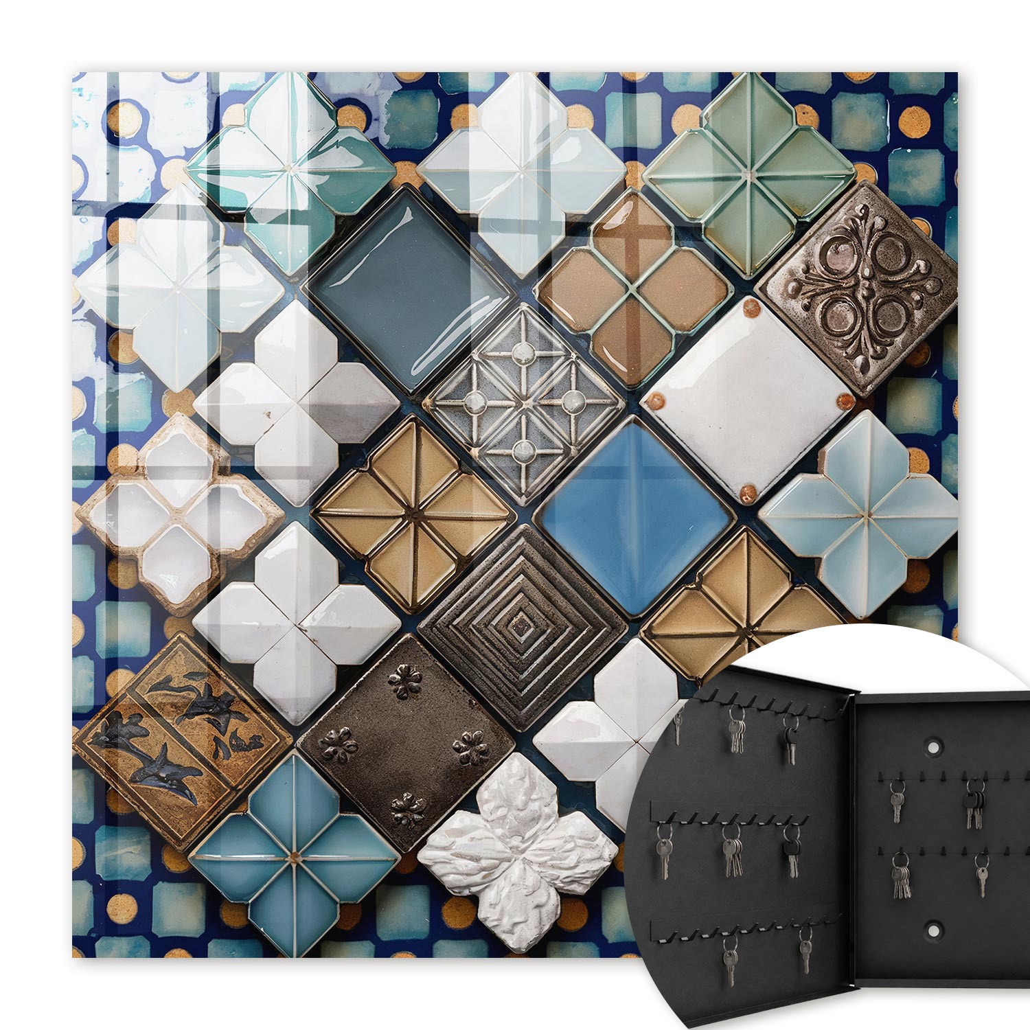 Armoire À Clés - (30 Cm X 30 Cm) - Boîte À Clés Murale - Coffret De Rangement Pour Clés - Couleur Noire - Ouverture Vers La Gauche - Pour Maison Et Bureau - Motifs De Carreaux