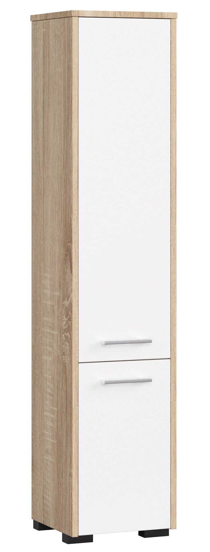 Colonne Salle De Bains Akord Fin Chêne Sonoma 30 Cm 2 Portes Façade Blanche 5 Étagères 30x30x140 Cm
