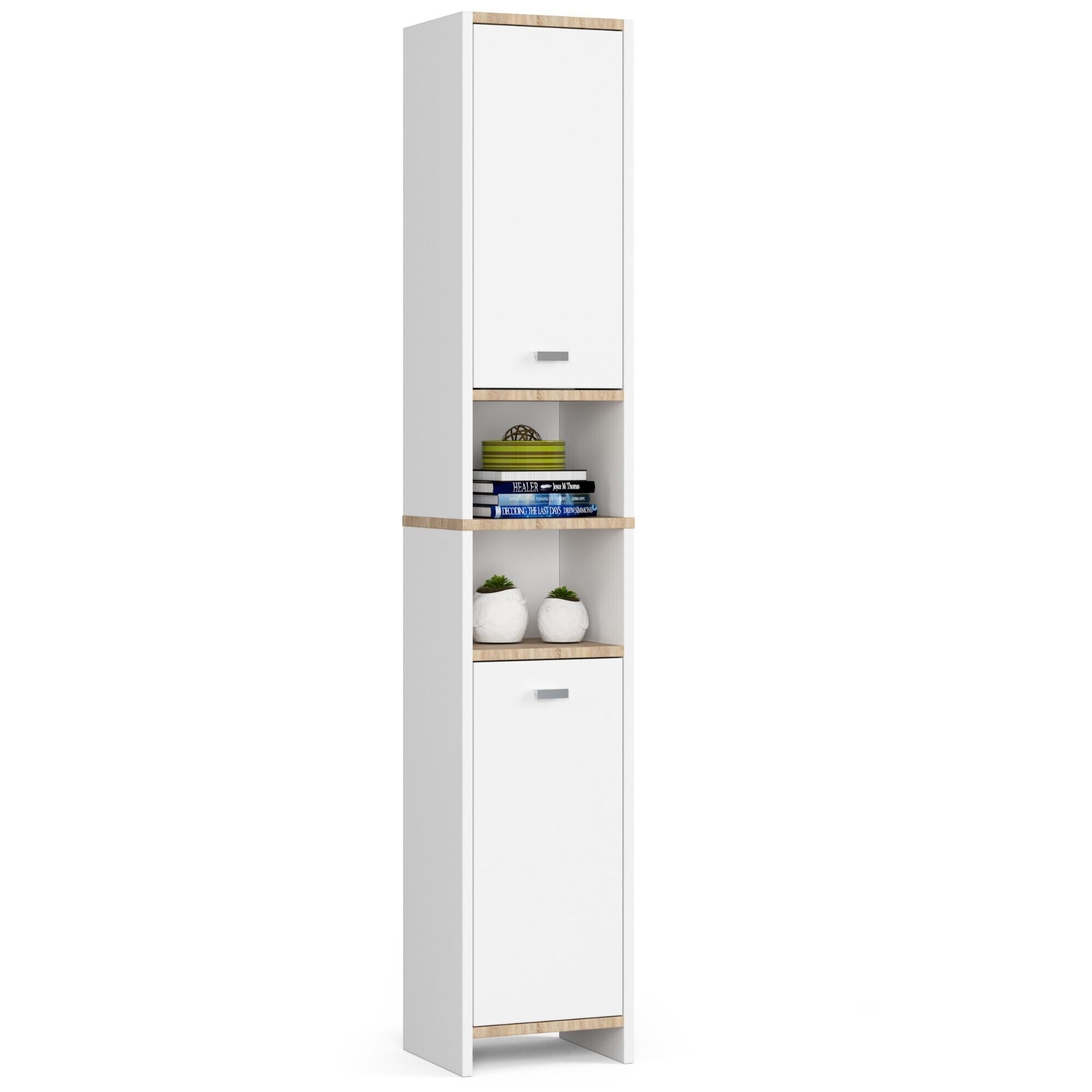 Colonne Salle De Bain Akord Beti Blanche 32 Cm 2 Portes Façade Blanche 4 Étagères 32x28x180 Cm