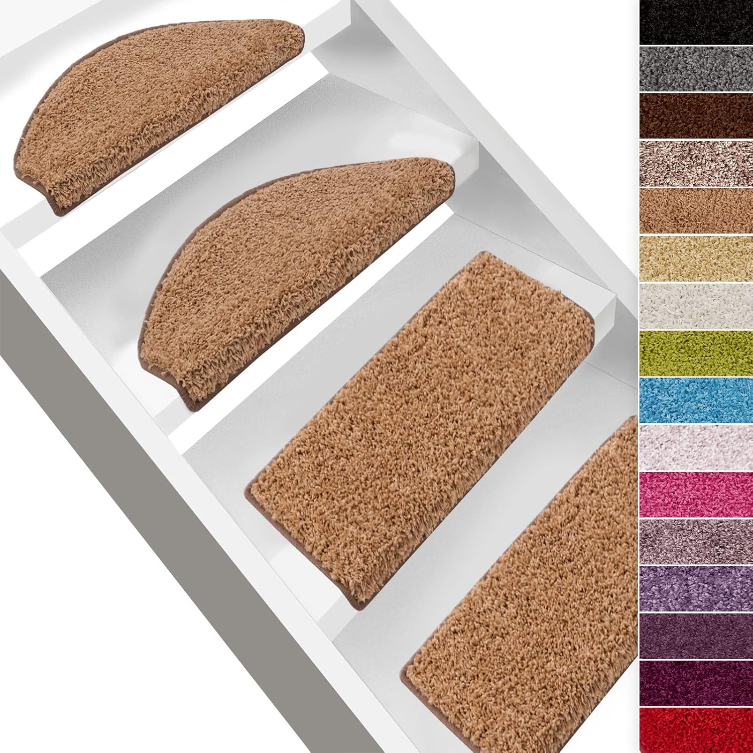 Tapis D'escalier Shaggy Barcelona Marron Clair Demi-circulaire 23,5 X 65 Cm
