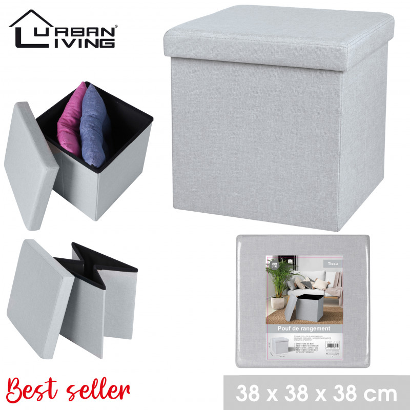 Pouf De Rangement Carré Aspect Lin - 37.5 X H 37,5 Cm - Gris Clair