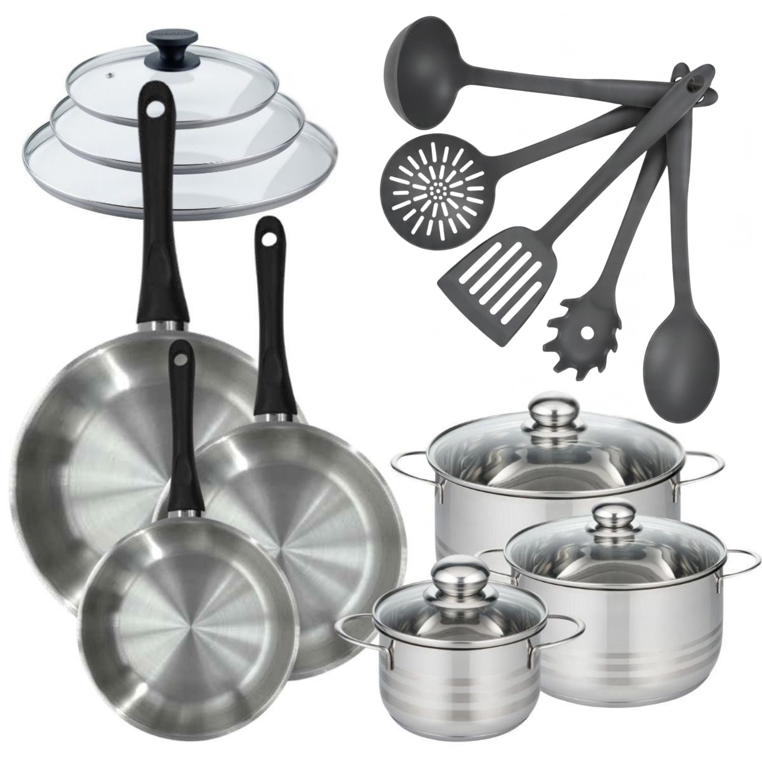 Batterie De Cuisine Avec 3 Faitouts 16/20/24 Cm Et 3 Poêles 20/24/28 Cm Et 8 Ustensiles De Cuisine Fackelmann Généva Brillant Clip Avec Couvercles