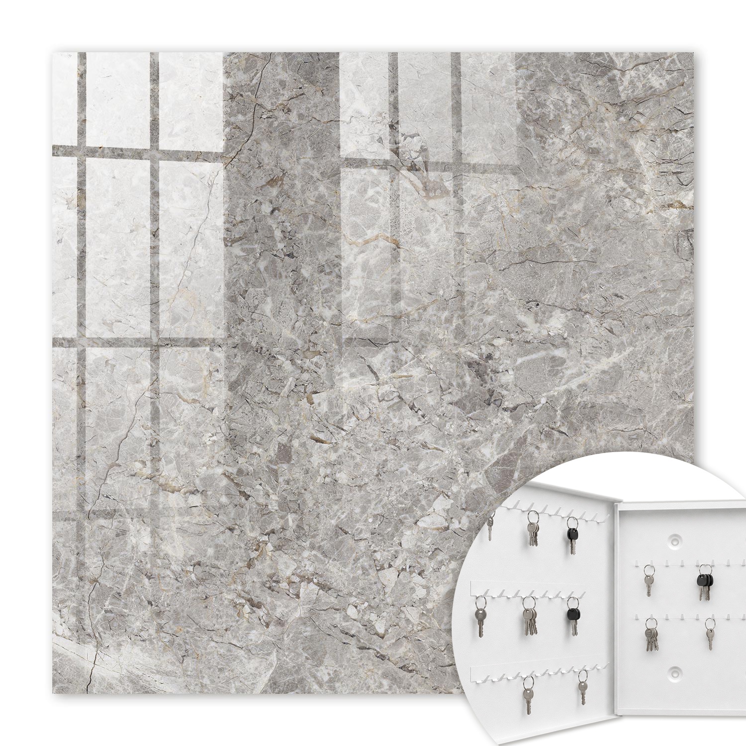 Armoire À Clés - (30 Cm X 30 Cm) - Boîte À Clés Murale - Coffret De Rangement Pour Clés - Couleur Blanche - Ouverture Vers La Gauche - Pour Maison Et Bureau - Fond En Marbre