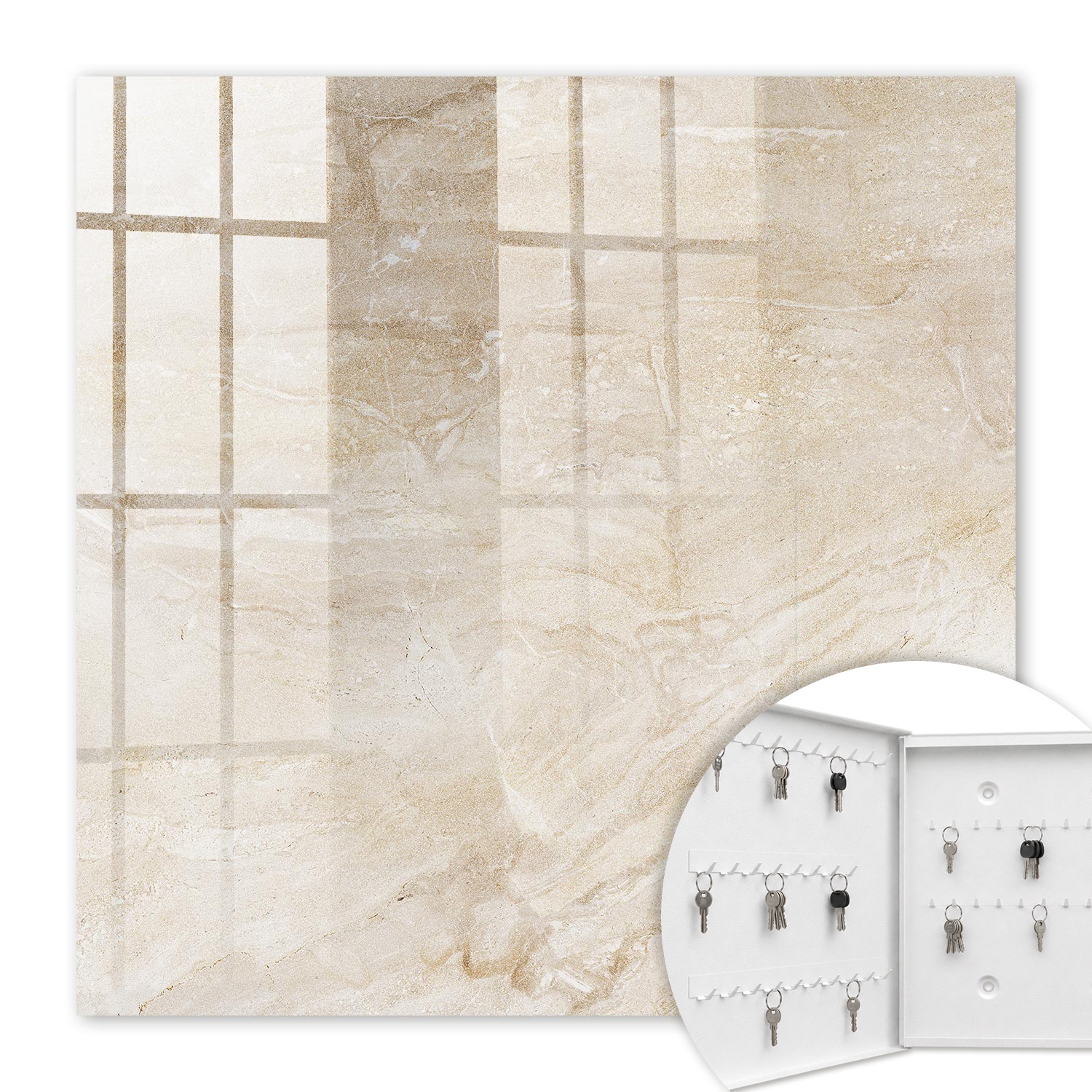 Armoire À Clés - (30 Cm X 30 Cm) - Boîte À Clés Murale - Coffret De Rangement Pour Clés - Couleur Blanche - Ouverture Vers La Gauche - Pour Maison Et Bureau - Marbre Beige