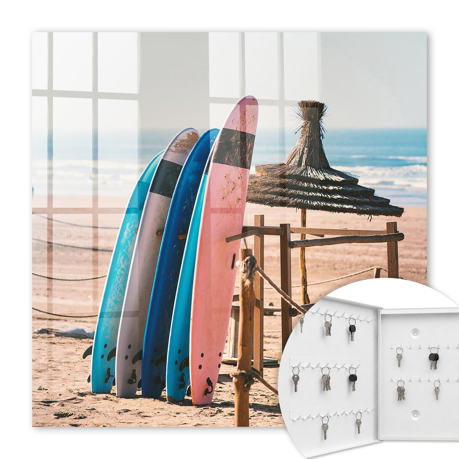Armoire À Clés - (30 Cm X 30 Cm) - Boîte À Clés Murale - Coffret De Rangement Pour Clés - Couleur Blanche - Ouverture Vers La Gauche - Pour Maison Et Bureau - Planches De Surf De Plage
