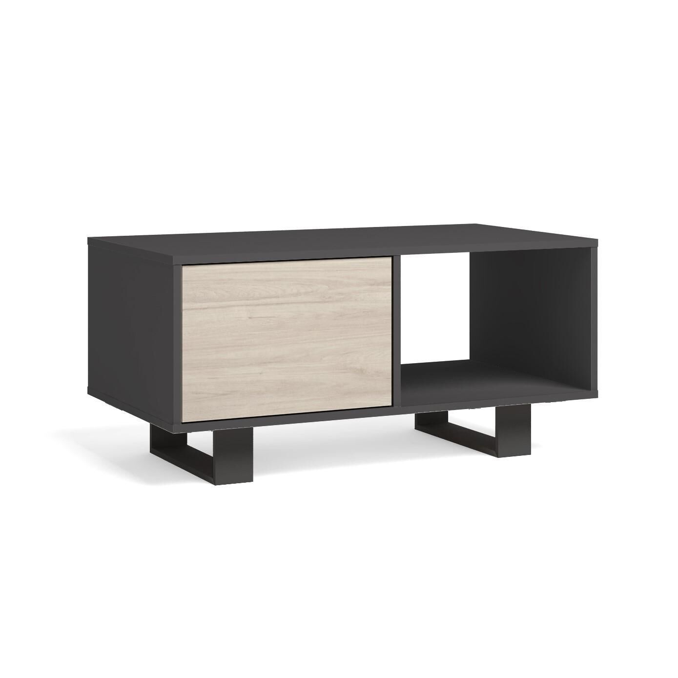 Table Basse Avec Portes, 92x50x45cm, Modèle Wind, Gris Anthracite Et Chêne.