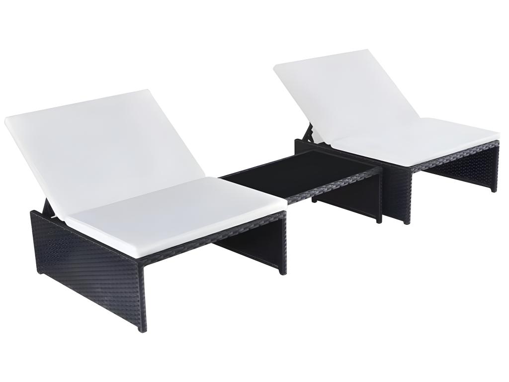 Lot De 2 Transats Chaise Longue Bain De Soleil Lit De Jardin Terrasse Meuble D'extérieur Avec Table Résine Tressée Noir