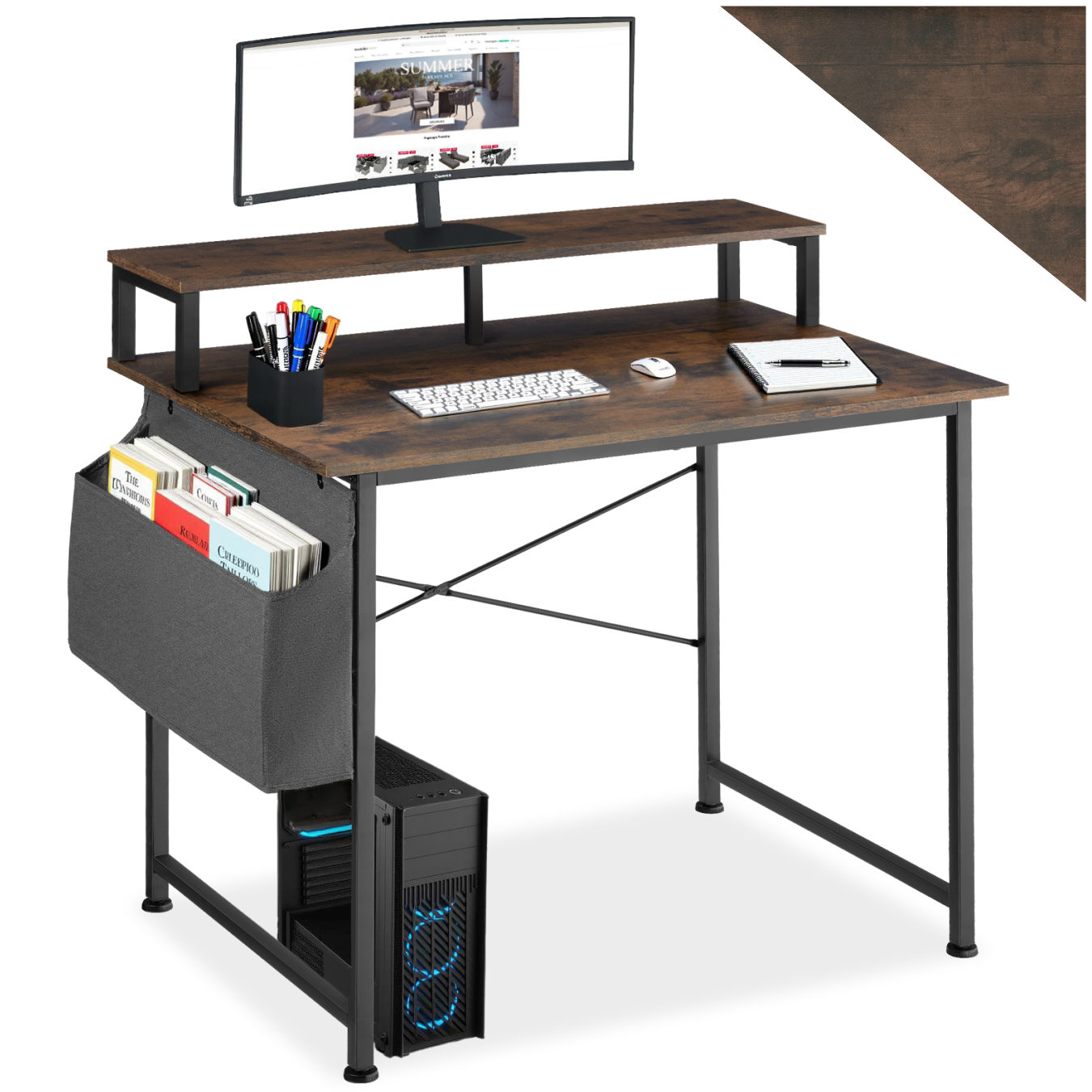 Bureau Style Industriel Support Écran Et Sac De Rangement Bois Foncé