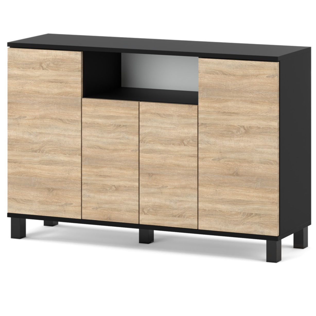 Commode Noir + Chêne Sonoma 120 Cm 4 Portes - Meuble Tv Moderne Pour Salon Et Chambre - Buffet De Rangement Design