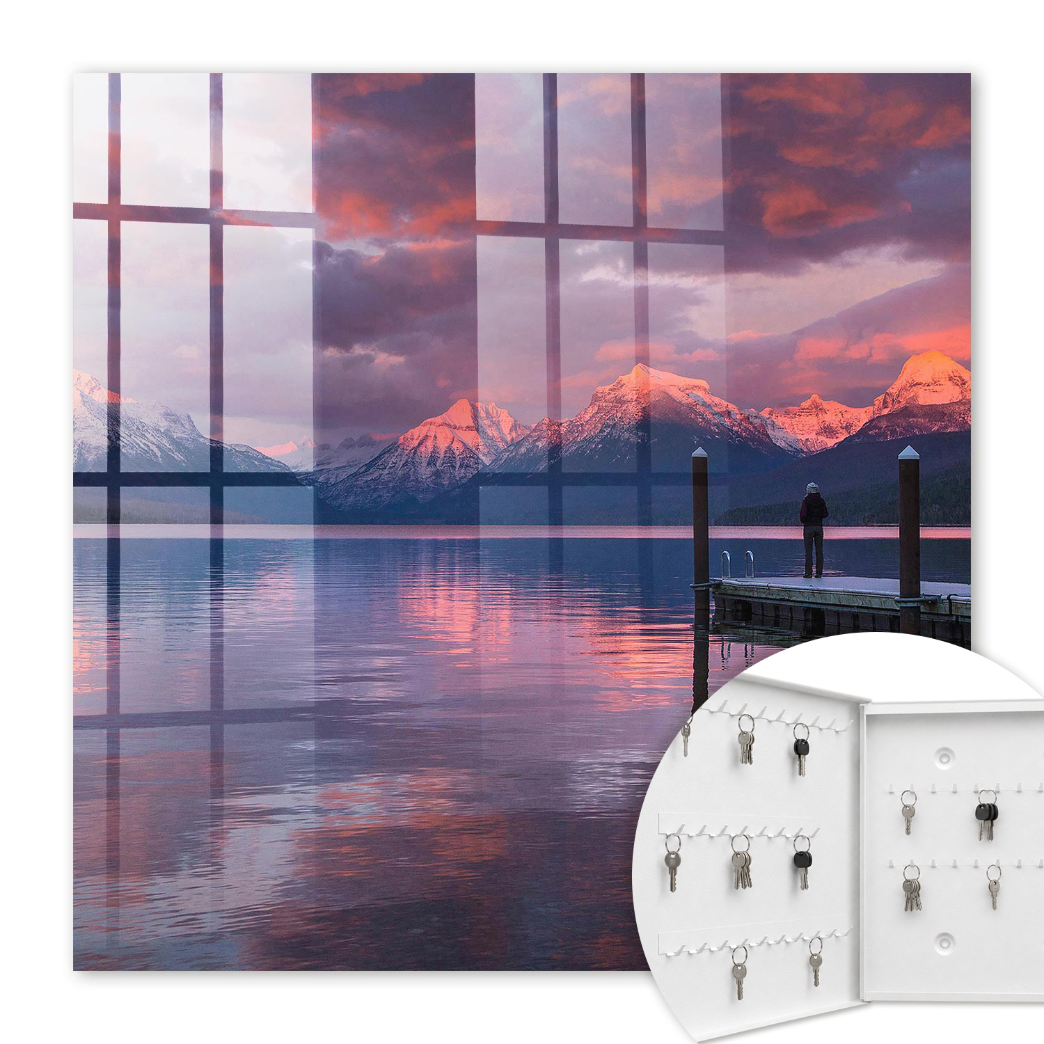 Armoire À Clés - (30 Cm X 30 Cm) - Boîte À Clés Murale - Coffret De Rangement Pour Clés - Couleur Blanche - Ouverture Vers La Gauche - Pour Maison Et Bureau - Lac De Montagne