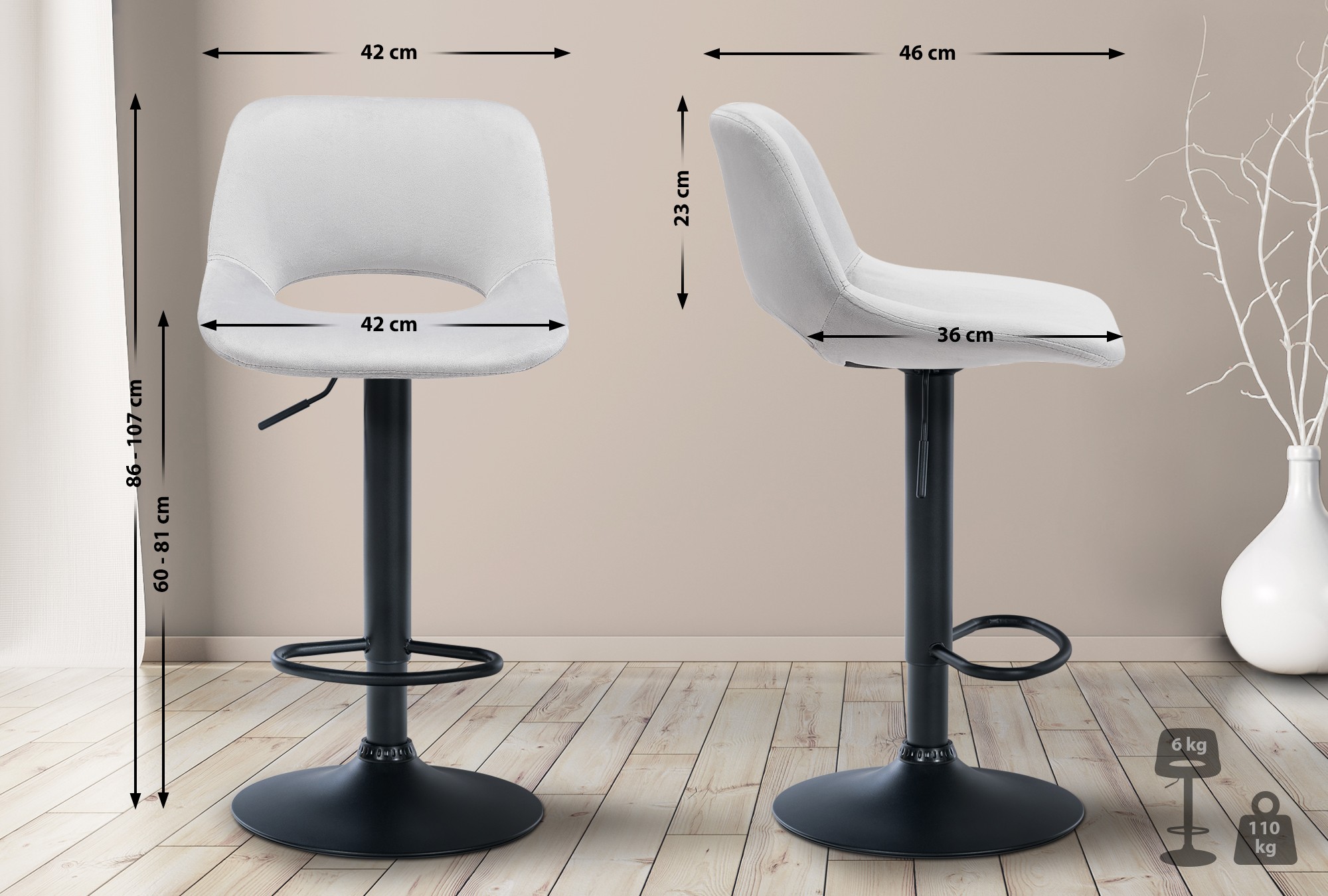 Tabouret De Bar Camden Velours Noir Gris Clair