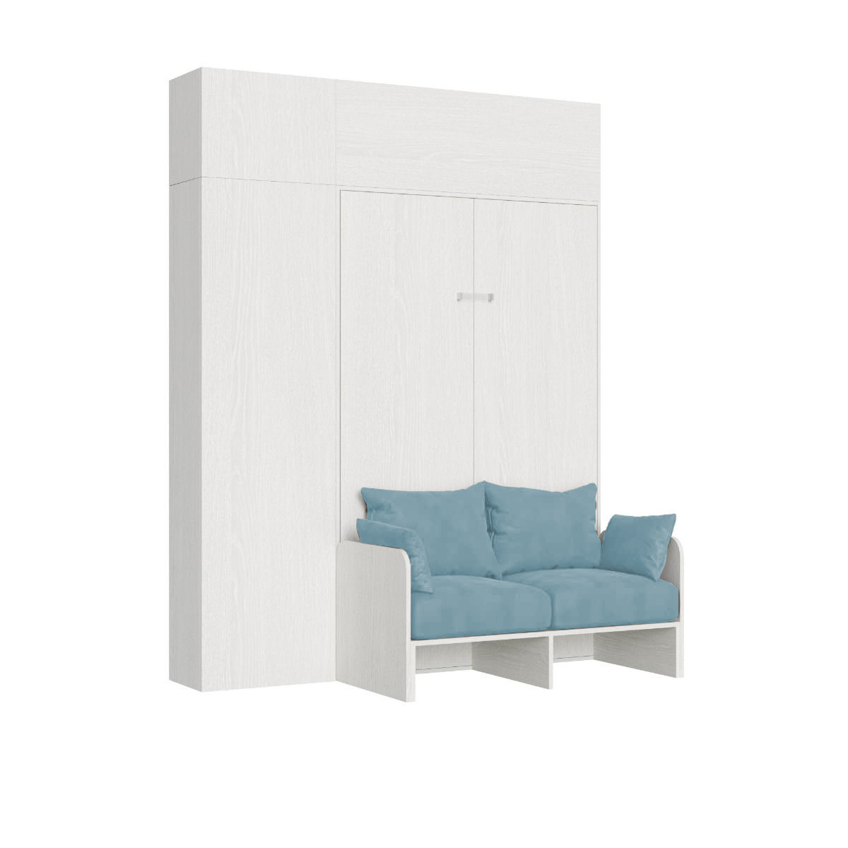Lit Queen-size Escamotable Kentaro 120 Cm Avec Canapé Et Mobilier Blanc, Frêne Et Bleu Clair