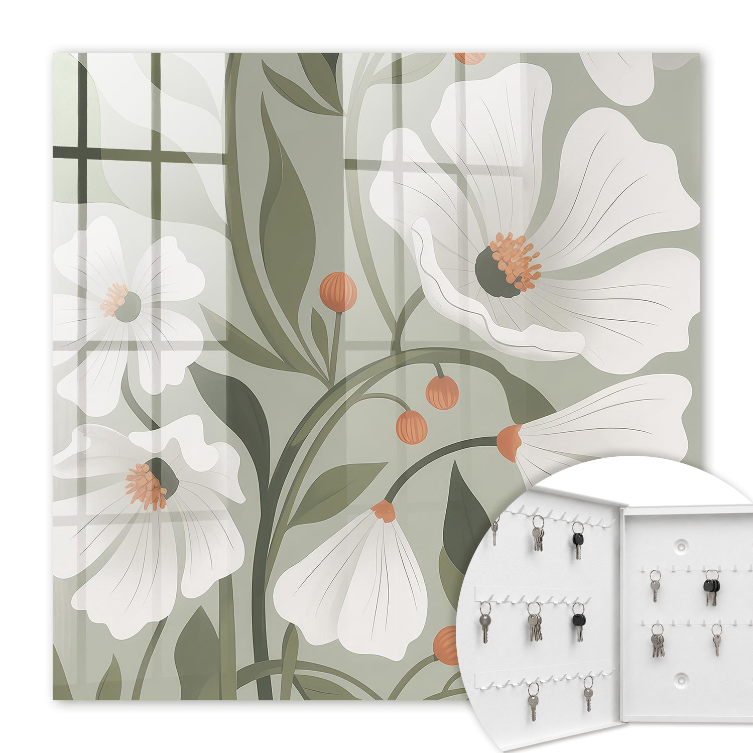 Armoire À Clés - (30 Cm X 30 Cm) - Boîte À Clés Murale - Coffret De Rangement Pour Clés - Couleur Blanche - Ouverture Vers La Gauche - Pour Maison Et Bureau - Fleurs Beiges