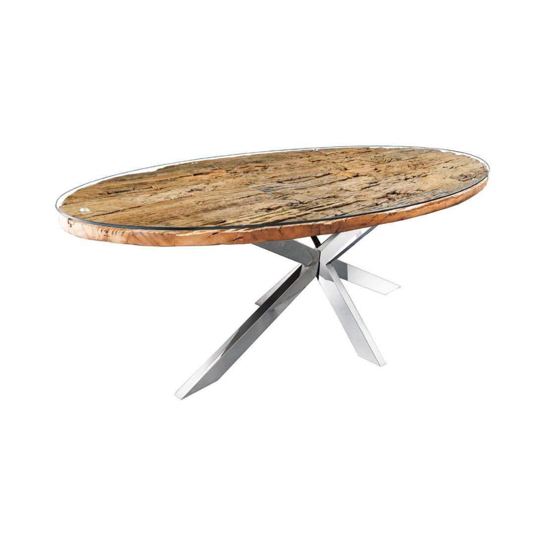 Table Rafta 220 Cm - Plateau En Teck Massif, Verre Trempé Et Structure En Acier Chromé