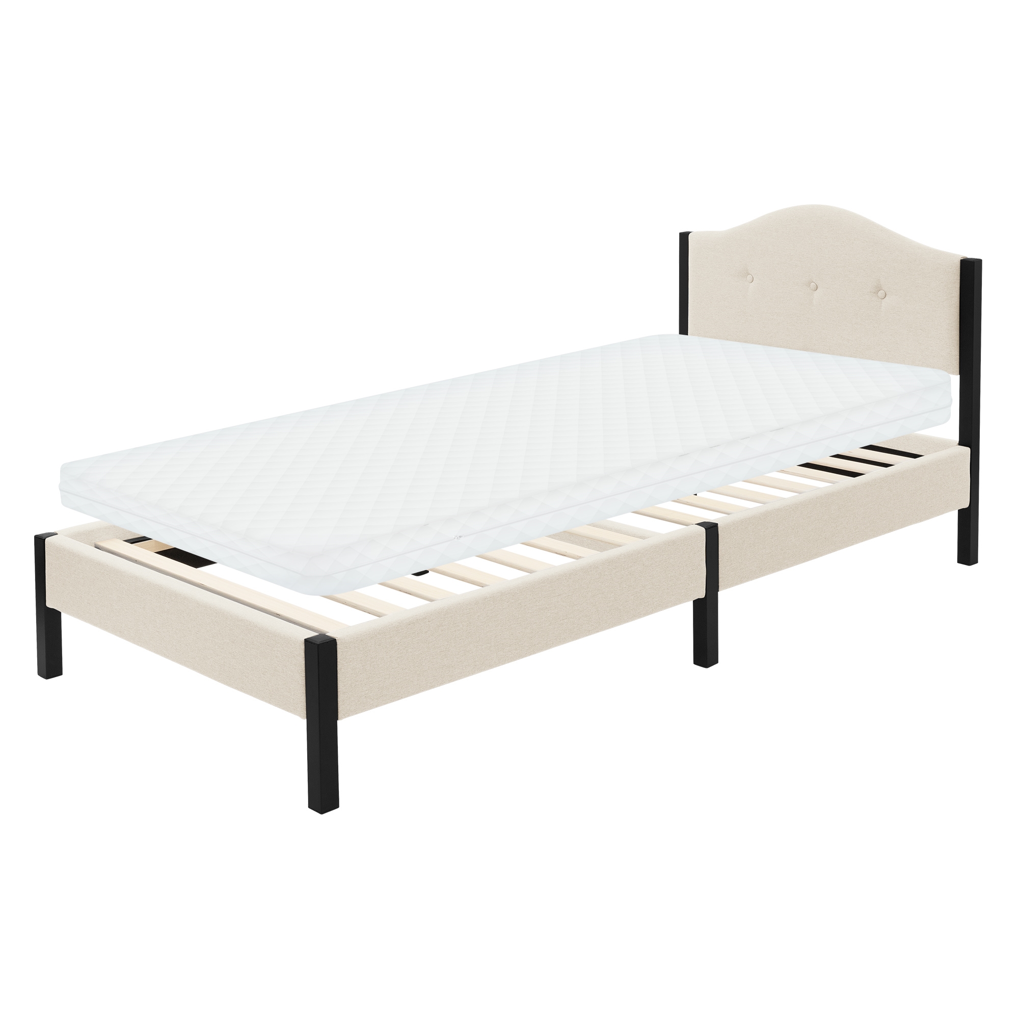 Ml-design Lit Rembourré 90x200cm Avec Matelas H10cm Beige Cadre De Lit Simple Avec Sommier À Lattes Et Têtière Capitonné En Tissu De Lin Structure Robuste En Acier Mobilier Pour Chambre À Coucher