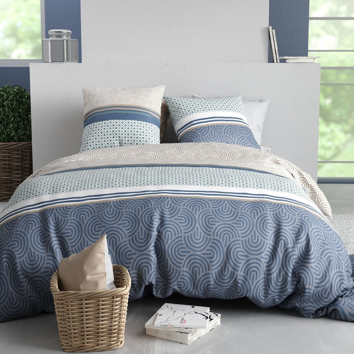 Parure Housse De Couette 240x220cm + 2 Taies Motif Graphique Bleu Et Taupe 100% Coton - Solia