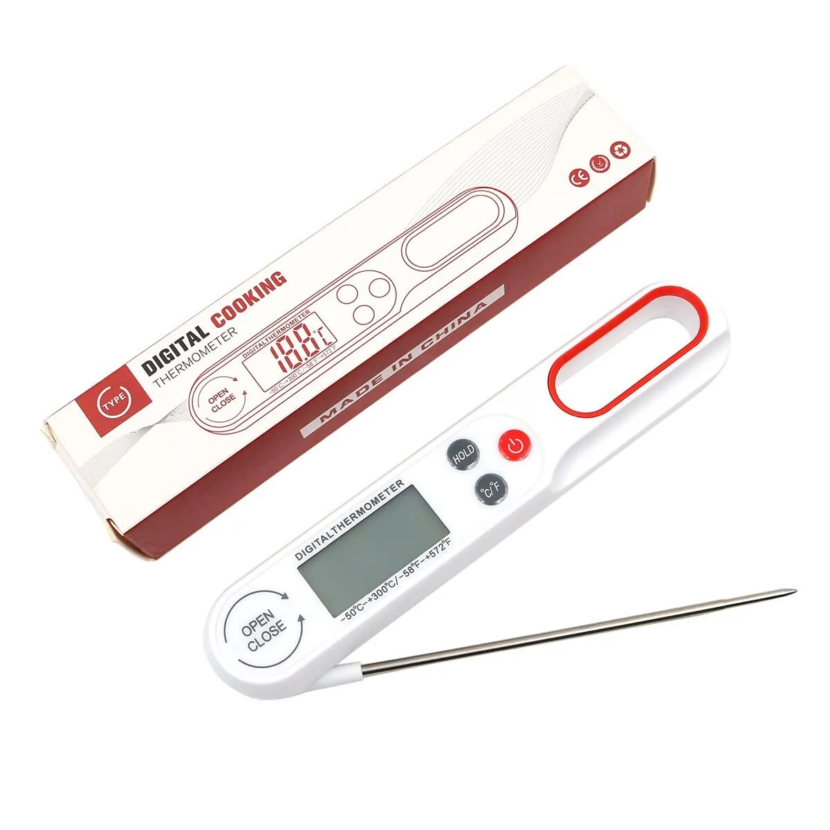Thermomètre De Cuisson Pour Barbecue À Lecture Instantanée Avec Longue Sonde Pliable Et Écran Rétroéclairé Blanc
